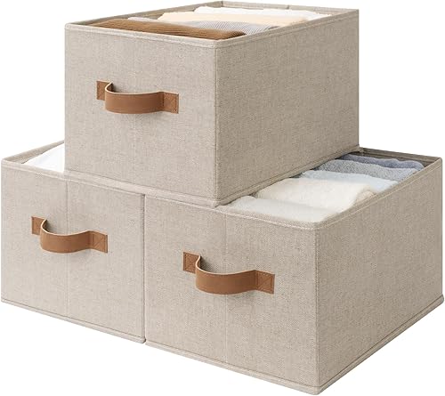 Miniatura 27 de StorageWorks - Cestas de almacenamiento para estantes, contenedores plegables de almacenamiento de tela para armario con asas de poliuretano, Blanco