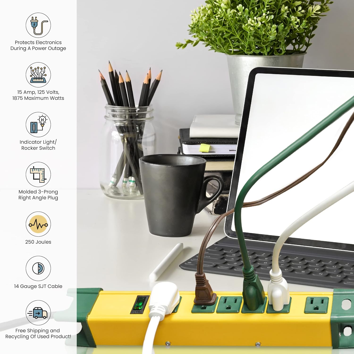 GoGreen Power (GG-26114) 6 Outlet Metal Surge Protector, 250 Joules, Yellow/Green, 6 ft Cord