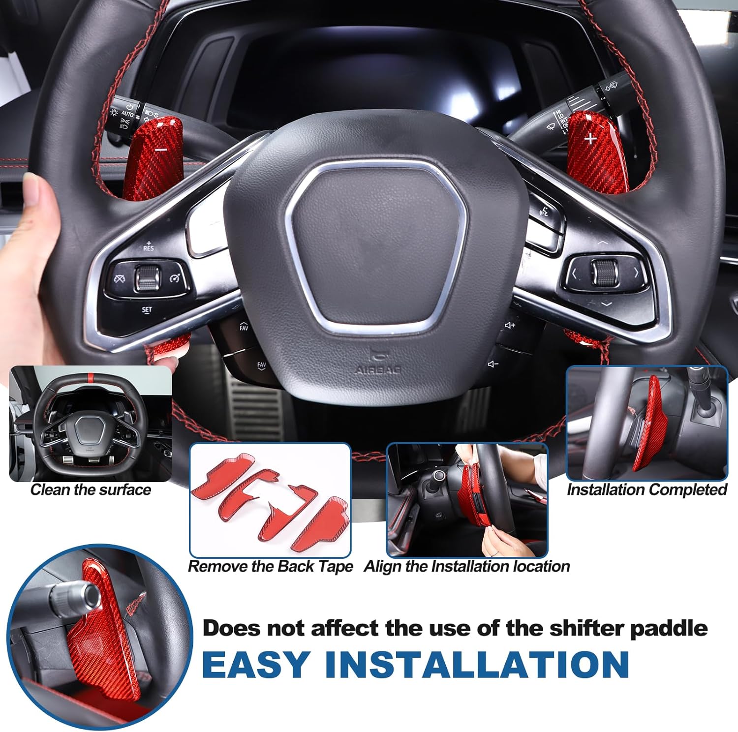 Car Steering Wheel Shifter Paddles Cover Trim Compatible with Chevrolet Corvette C8 2020-2025 100% Real Carbon Fiber 4PCS Shift Paddle Extended Interior Trim Accessories (Red Carbon)