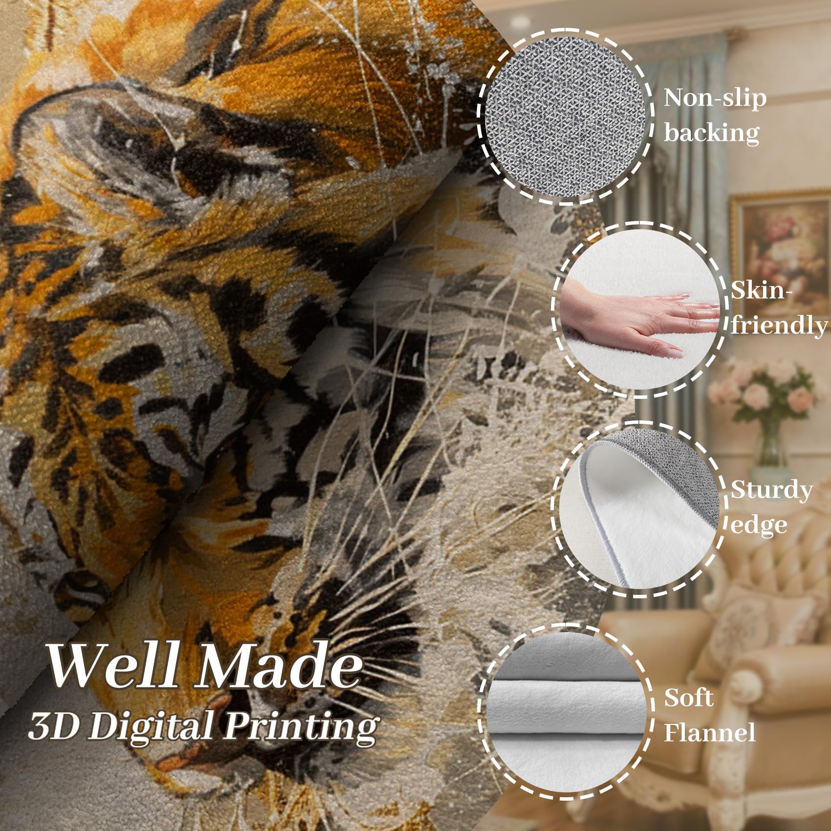 Tiger Teppich Waschbar, Abstrakt Künstlerisch Tiere Teppich 80x150 cm, Modern Wildnis rutschfest Waschbar Pflegeleicht Teppiche Für Schlafzimmer Küche, Goldorange