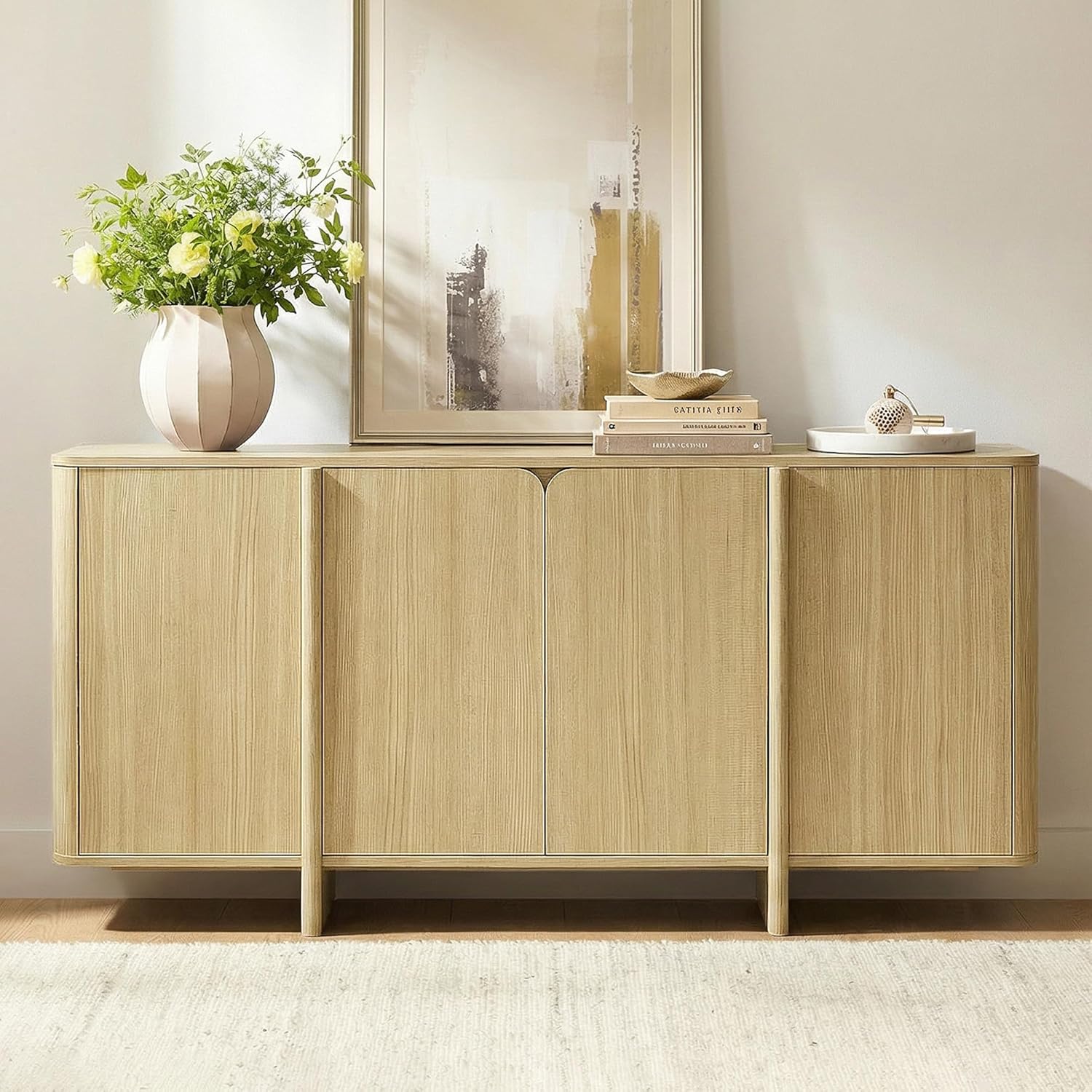 CHITA 66" Sideboard Buffet Cabinet with Storage, Modern Console Cabinet with 4 Doors & Adjustable Shelves, Storage Credenzas for Living Room, Kitchen, Hallway, Bar, Oak