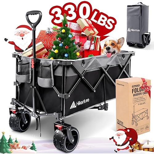 Hikenture Collapsible Wagon Cart, 330lbs Capacity Beach Wagons with Big Wheels for Sand, Heavy Duty Foldable Cart with Brakes, Portable Utility Folding Garden Cart for Outdoor
