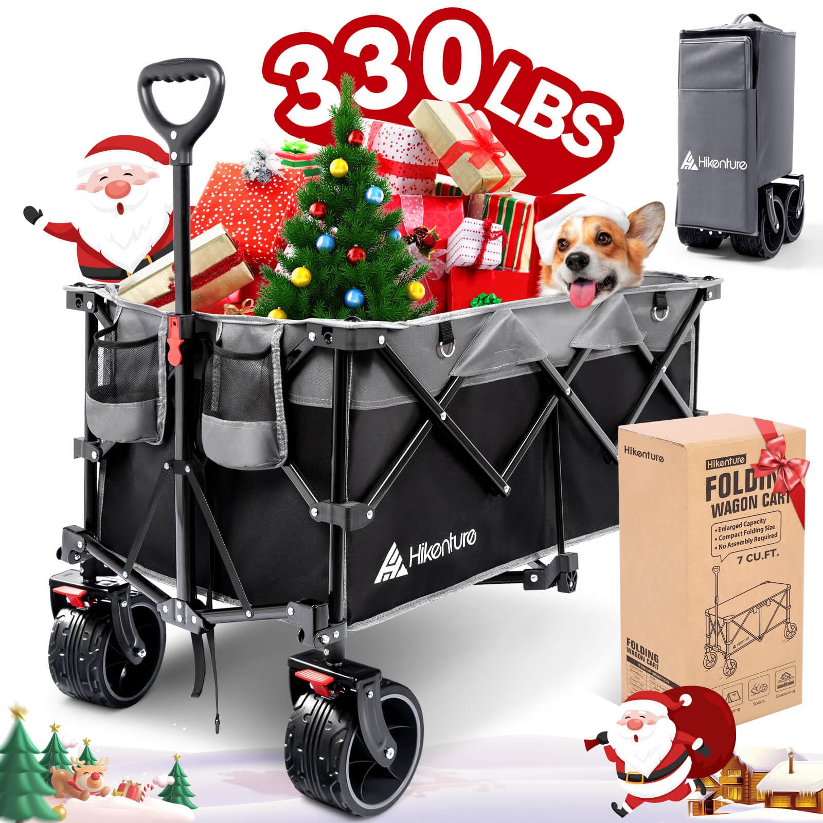 Hikenture Collapsible Wagon Cart, 330lbs Capacity Beach Wagons with Big Wheels for Sand, Heavy Duty Foldable Cart with Brakes, Portable Utility Folding Garden Cart for Outdoor