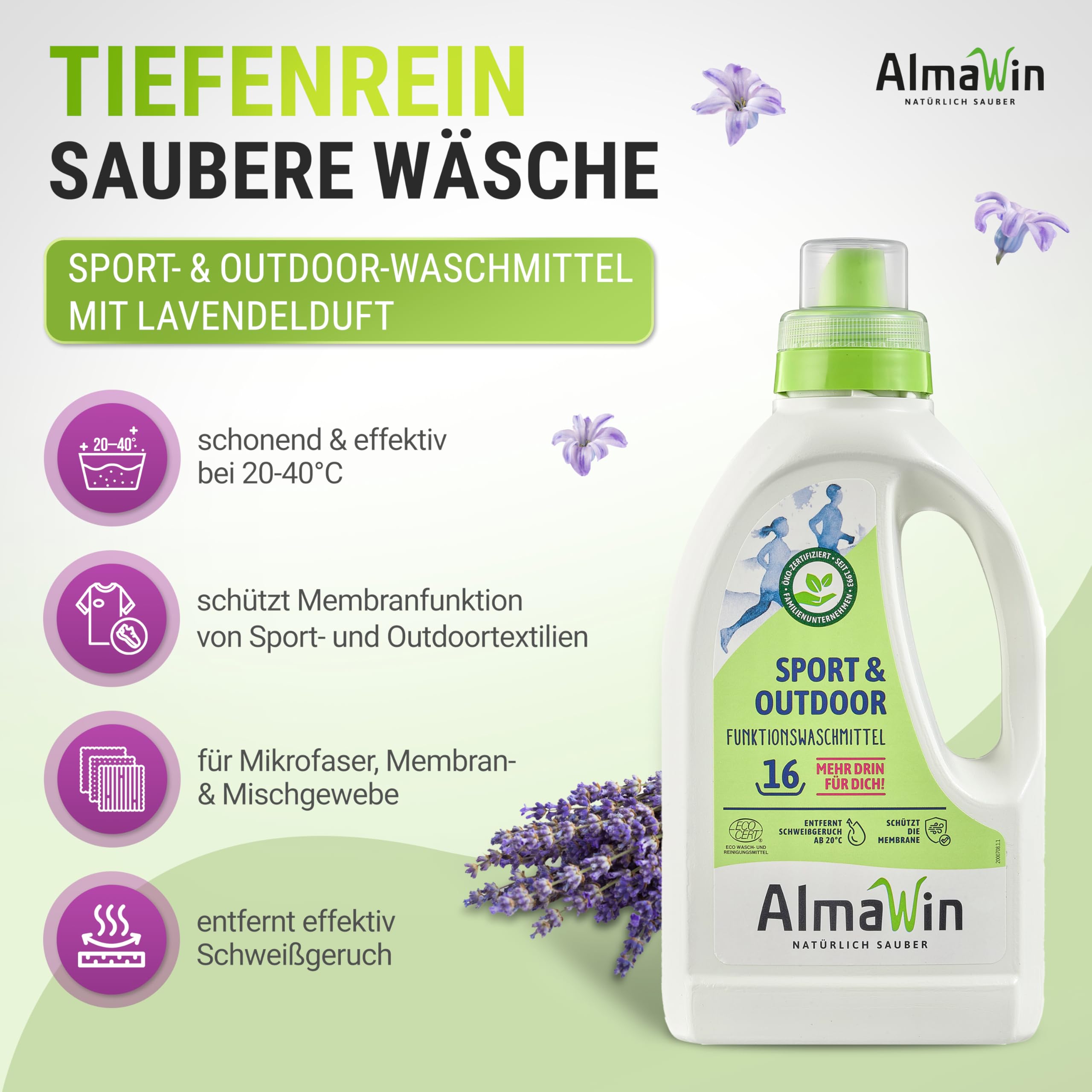AlmaWin® Sportwaschmittel für Funktionskleidung [6x 750ml] entfernt effektiv Schweißgeruch - Membranfunktion-schützendes Funktionswaschmittel - Outdoor Waschmittel - Reisewaschmittel [20-40°C]