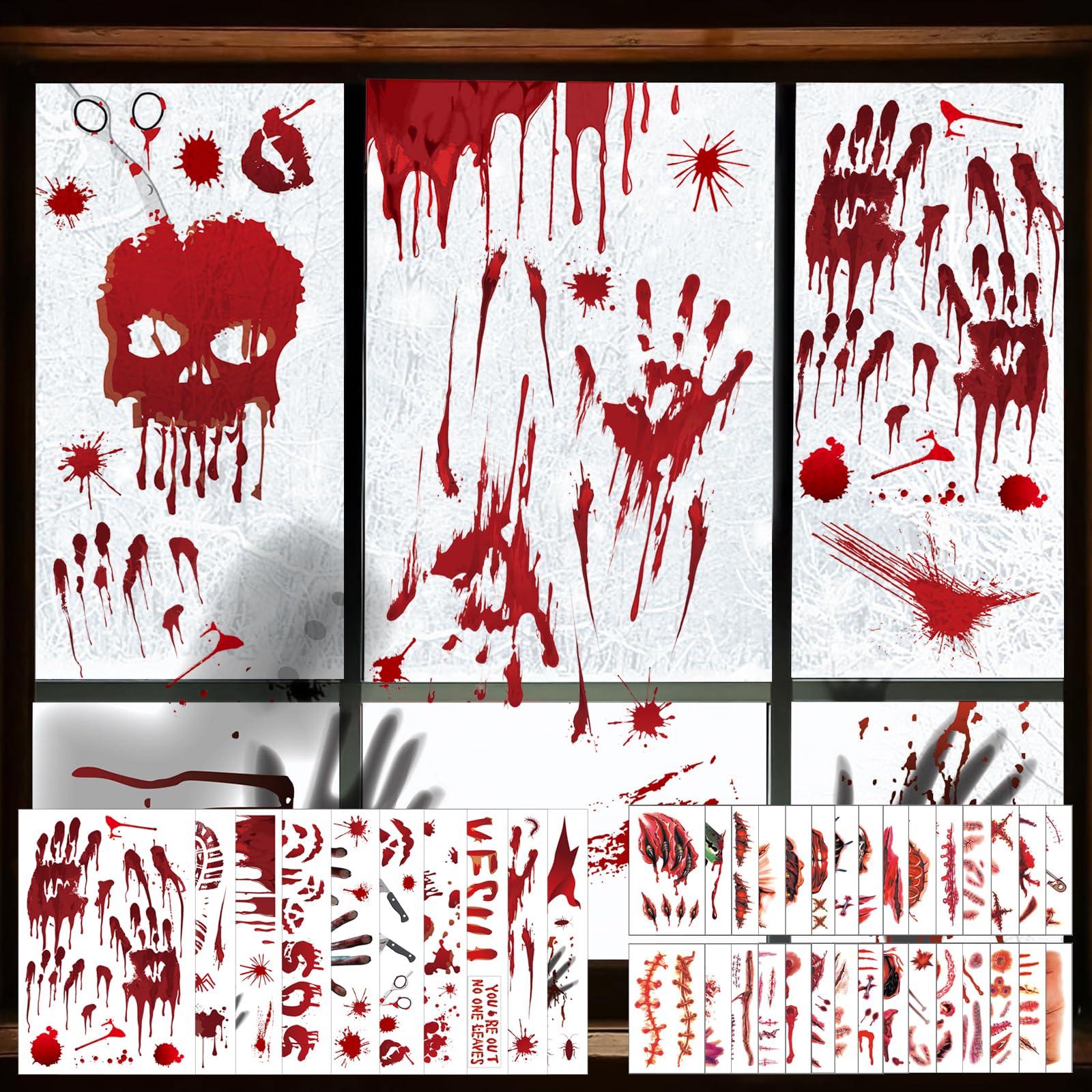 112Pcs Bloody Handprint Footprints Stickers with 150 Pcs Tattoo Stickers, Halloween Decorations Window Clings, for Halloween Decals Party Horror Bathroom Zombie Decorations