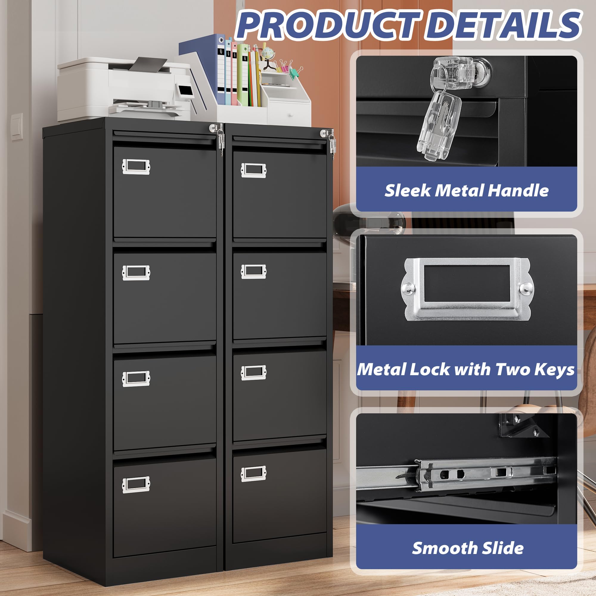 4 Drawer File Cabinet with Lock, Metal Filing Cabinets, Vertical Small Filing Cabinet Steel Lockable Storage Cabinets for Home Office to Organization Hanging Letter/Legal/F4/A4