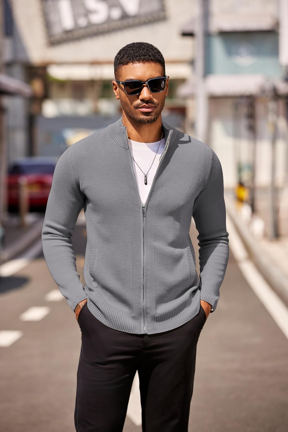 COOFANDY Mens Zip Up Cardigan Sweater Slim Fit Casual Full Zip Sweaters Knit Stand Collar Cardigans with 2 Front Pockets - Image 4