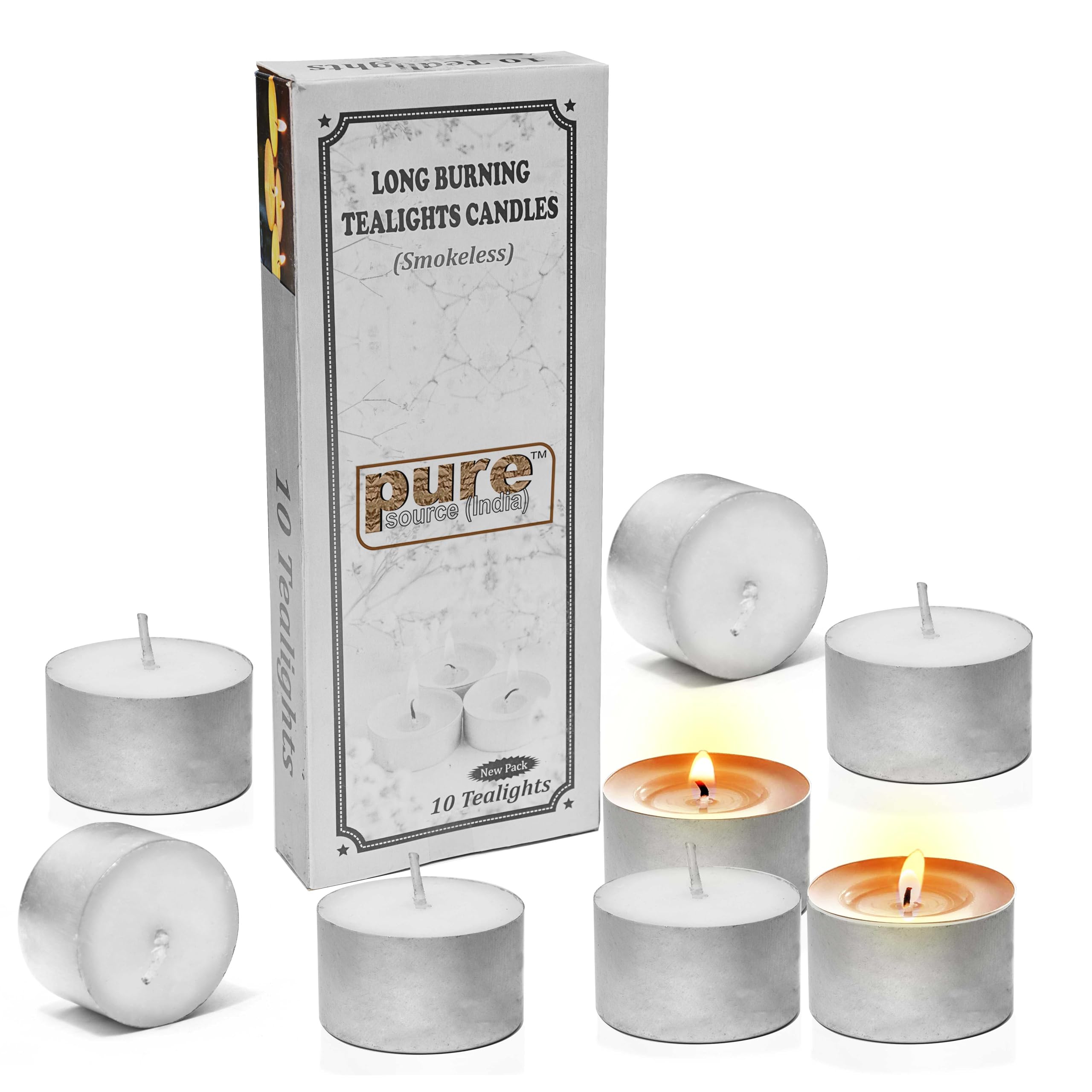 Pure Source India Smokless Tealight Candles 100% Pure Wax, Unscented, Pack of 10, Long Burning Tealight, 8 Hours Burn time