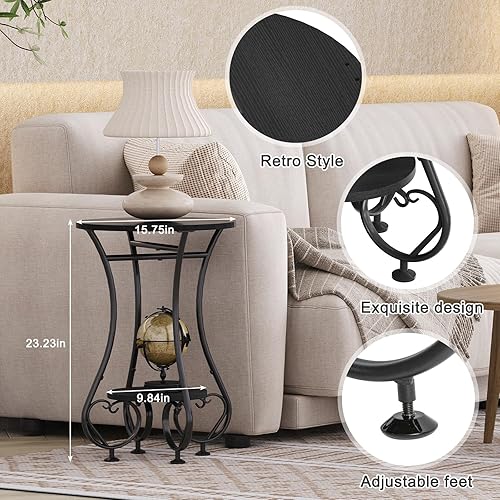 Miniatura 7 de X-cosrack Mesa auxiliar redonda pequeña, mesa auxiliar redonda para espacios pequeños, mesita de noche de metal negro con pies ajustables, mesa de