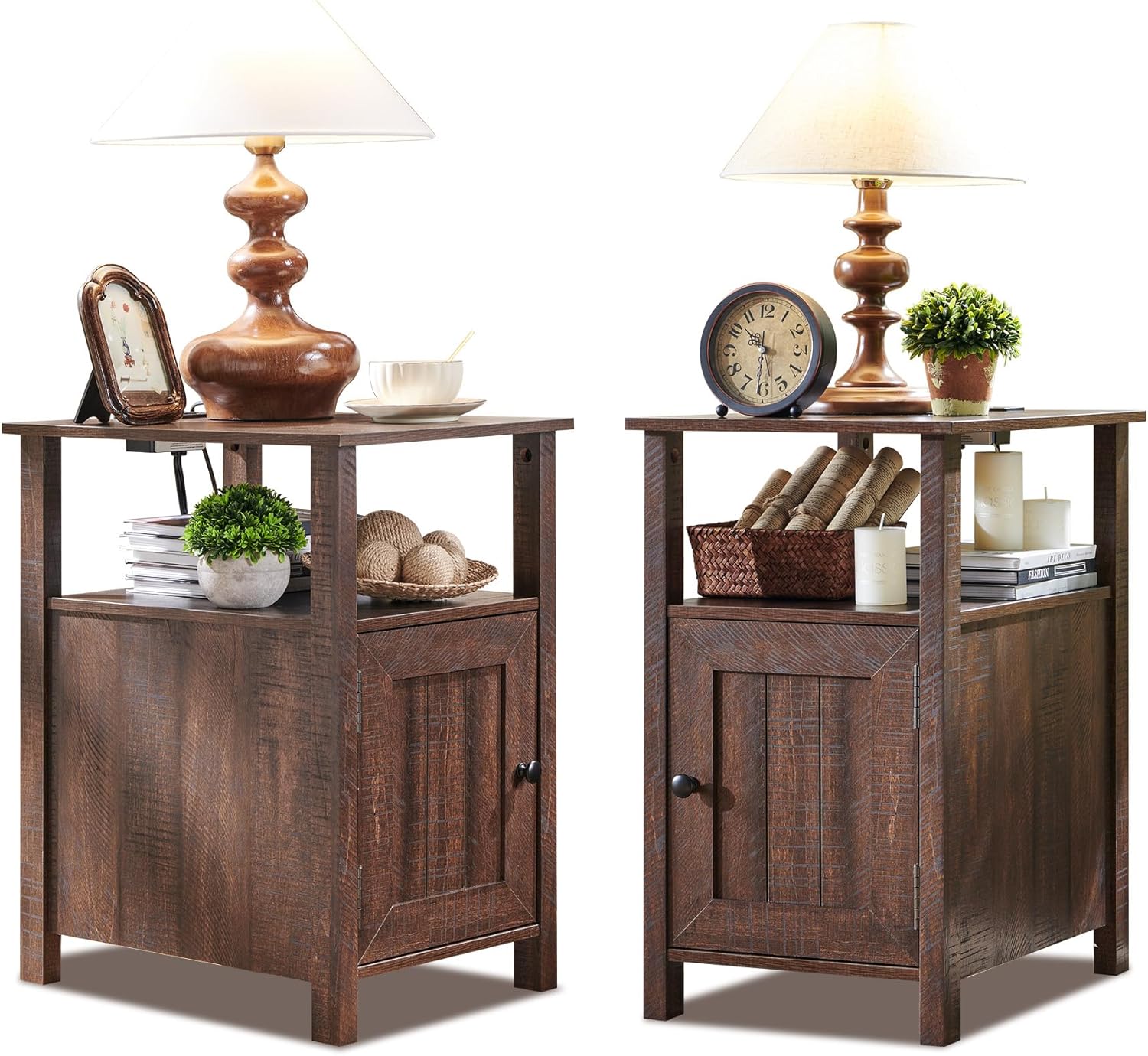 Farmhouse Nightstands Set of 2, Narrow Bedside Table with Charging Station, Night Stand Set 2 with Storage & Open Shelf, End Tables w/Groove Barn Door for Bedroom, Living Room-Natural