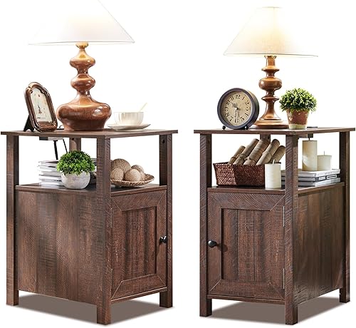 Miniatura 9 de Juego de 2 mesitas de noche de granja, mesita de noche estrecha con estación de carga, juego de 2 mesitas de noche con almacenamiento y estante Gris