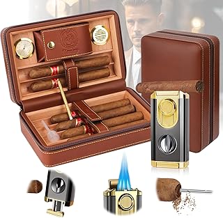Travel Cigar Humidor, Cedar Wood Lined, with All-in-one Cigar Lighter, Built-in V Cutter& Holder, Cigar Draw Enhancer, Hygrometer & Humidifier, Leather Cigar Case with Cigar Accessories Hold 6 Cigars