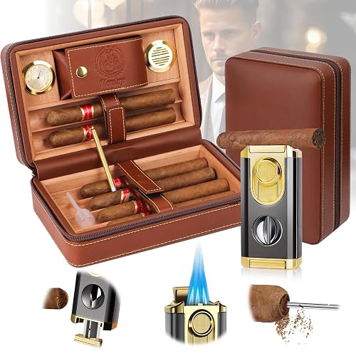 Travel Cigar Humidor, Cedar Wood Lined, with All-in-one Cigar Lighter, Built-in V Cutter& Holder, Cigar Draw Enhancer, Hygrometer & Humidifier, Leather Cigar Case with Cigar Accessories Hold 6 Cigars - Brown