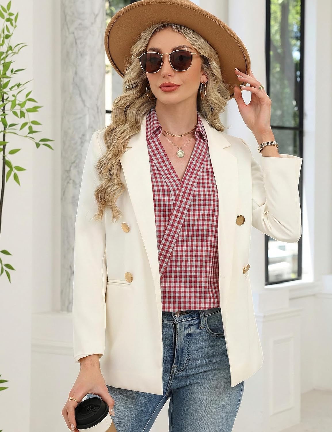 LOMON 3/4 Length Sleeve Womens Tops Dressy V Neck Collared Shirts Trendy Business Casual Work Blouses Vacation Outfits 2026 thumbnail