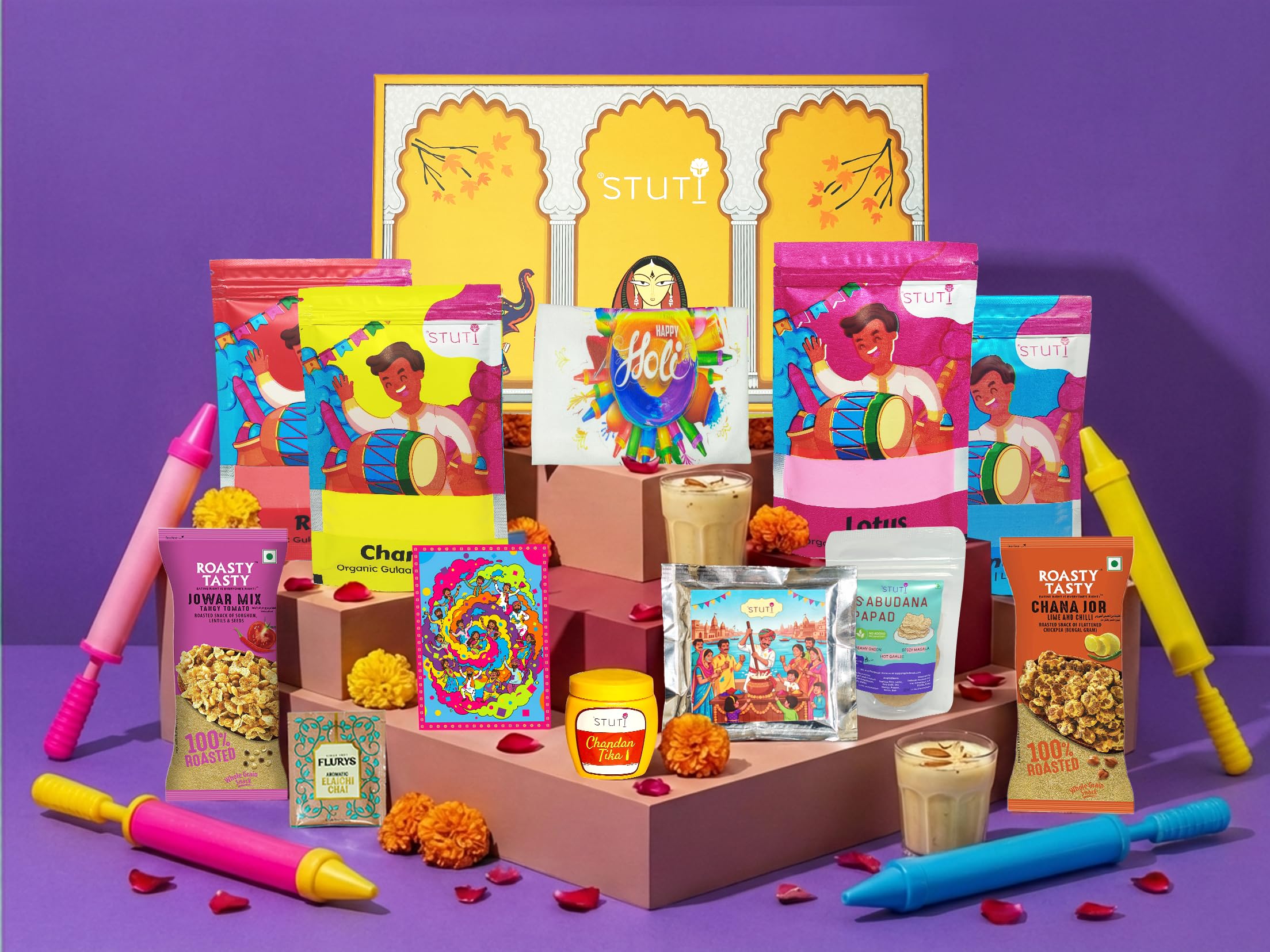 STUTI Vasant Milan Holi Gift Hamper Box (12 Items) | Organic Gulal Combo Pack with Thandai Powder, Chandan Tika, Holi T-Shirt, Snacks & Holi Greeting Card | Premium Holi Gift for Family & Friends