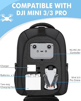 PEKREWS Case for DJI Mini 3 / Mini 4 Pro, for RC 2, RC-N3/N2 Controller | Drone Backpack, Fits 15.6 Inch Laptop, Hard, Expandable, Waterproof, for Fly More Combo Accessories, Travel Drone Bag, Black