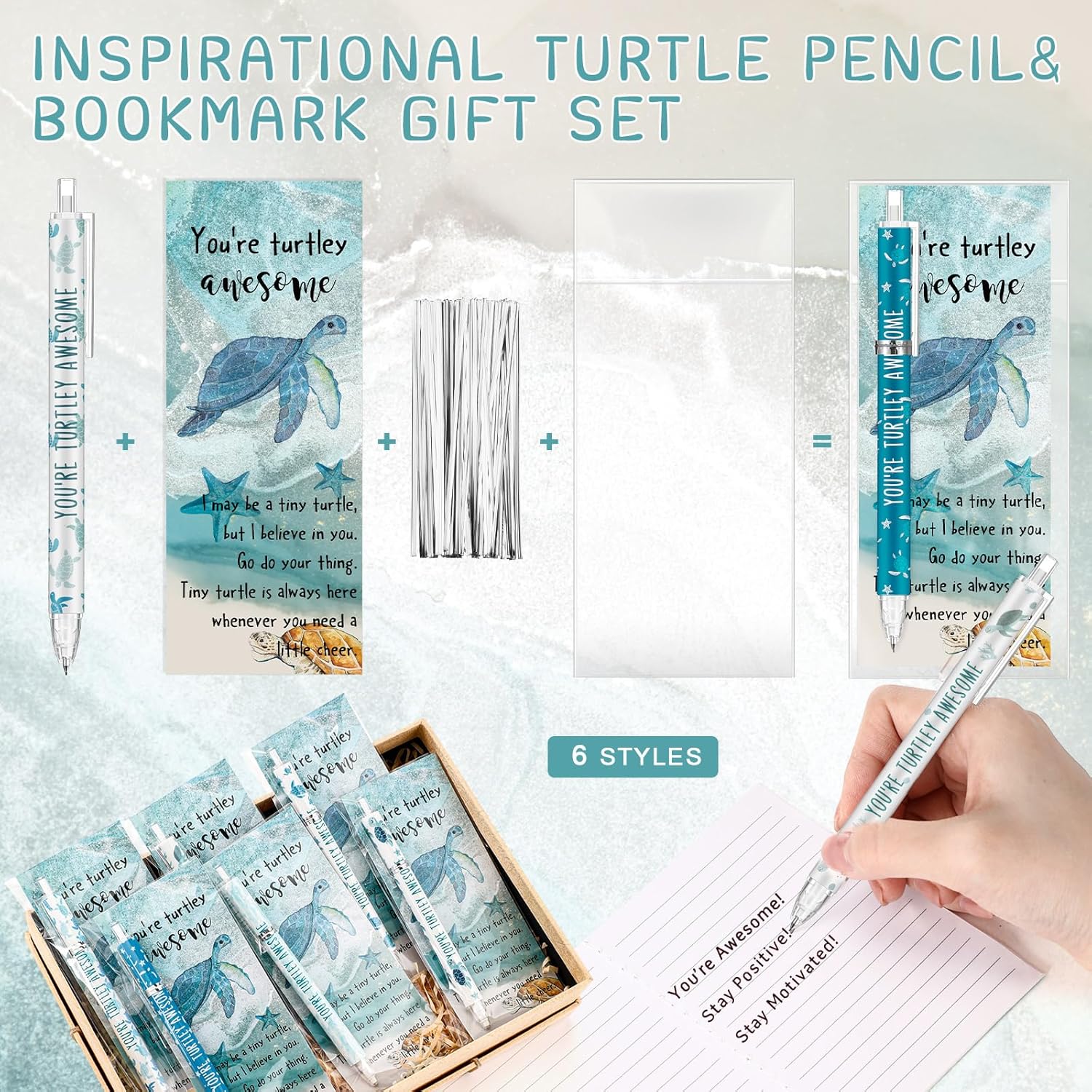 48 Set Turtle Gifts Bulk Party Favors Inspirational Retractable Pencils 0.7mm Funny Mechanical Pencils with Positive Cards for Teacher Team Coworker Employee Office Supplies thumbnail