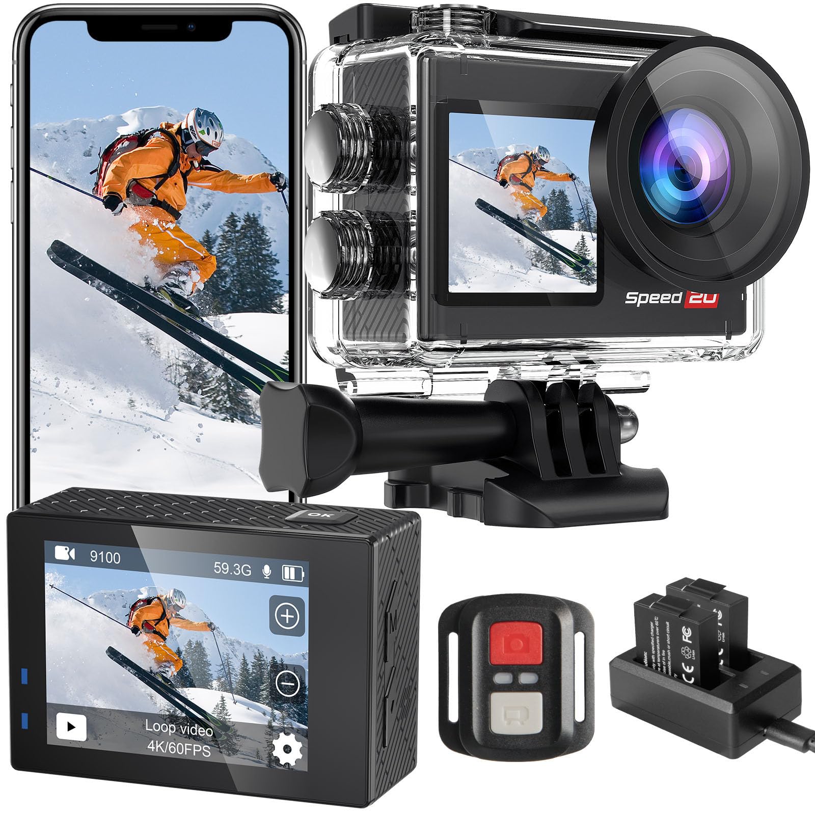 Hiicam Speed 20 Action Cam 4K60FPS 40M Fotocamera Subacquea, 40MP Doppio Schermo WiFi Videocamera,170° Grandangolare, EIS Stabilizzazione, Touch Screen, 5x Zoom, 2x1350mAh Batterie, Kits di Accessori