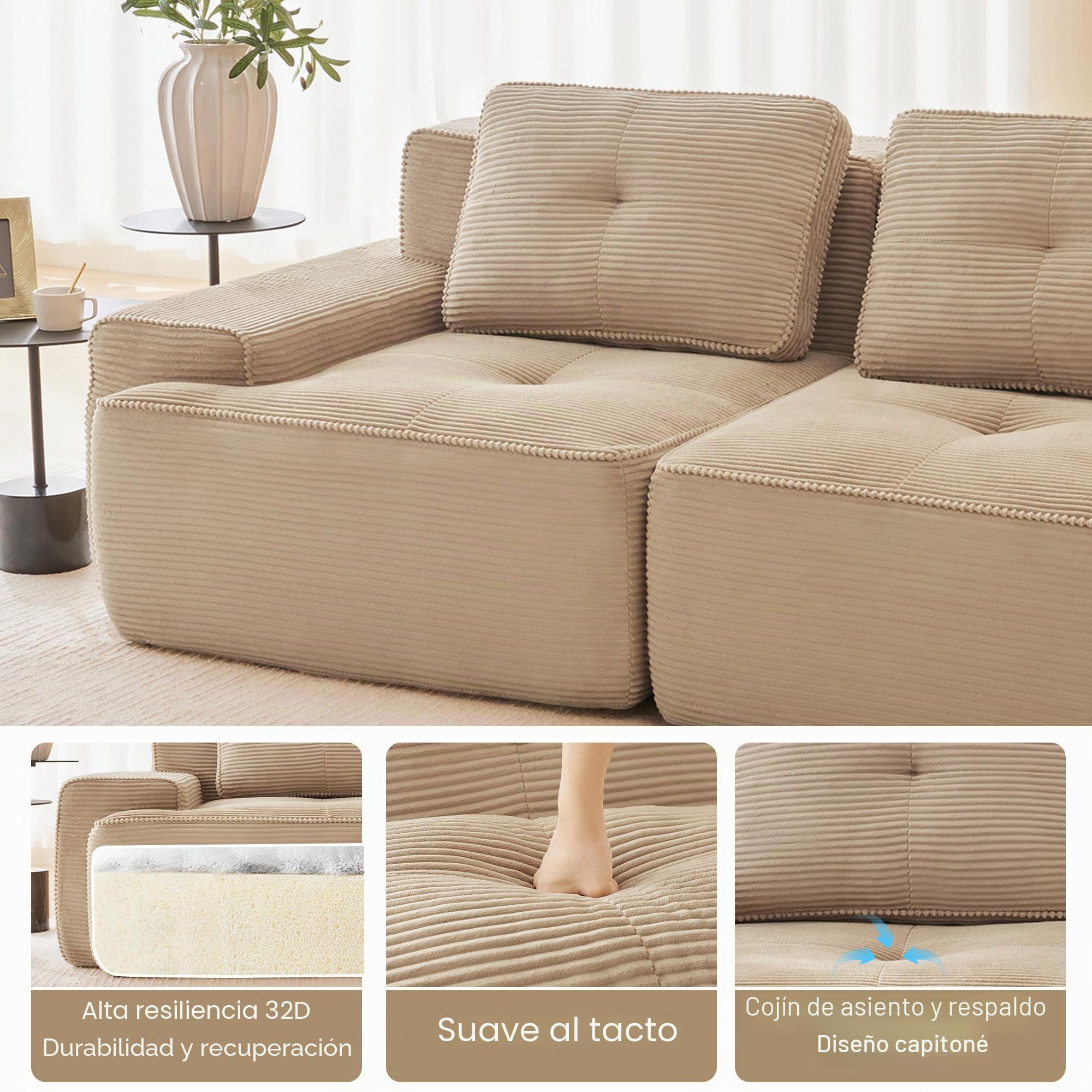 Sofá modular de pana en forma de L, sofá cama con taburete otomano, sofá de salón con comodidad y soporte de asiento bajo, sin montaje, espuma 32D de alta elasticidad (caqui claro, 3 plazas+1)