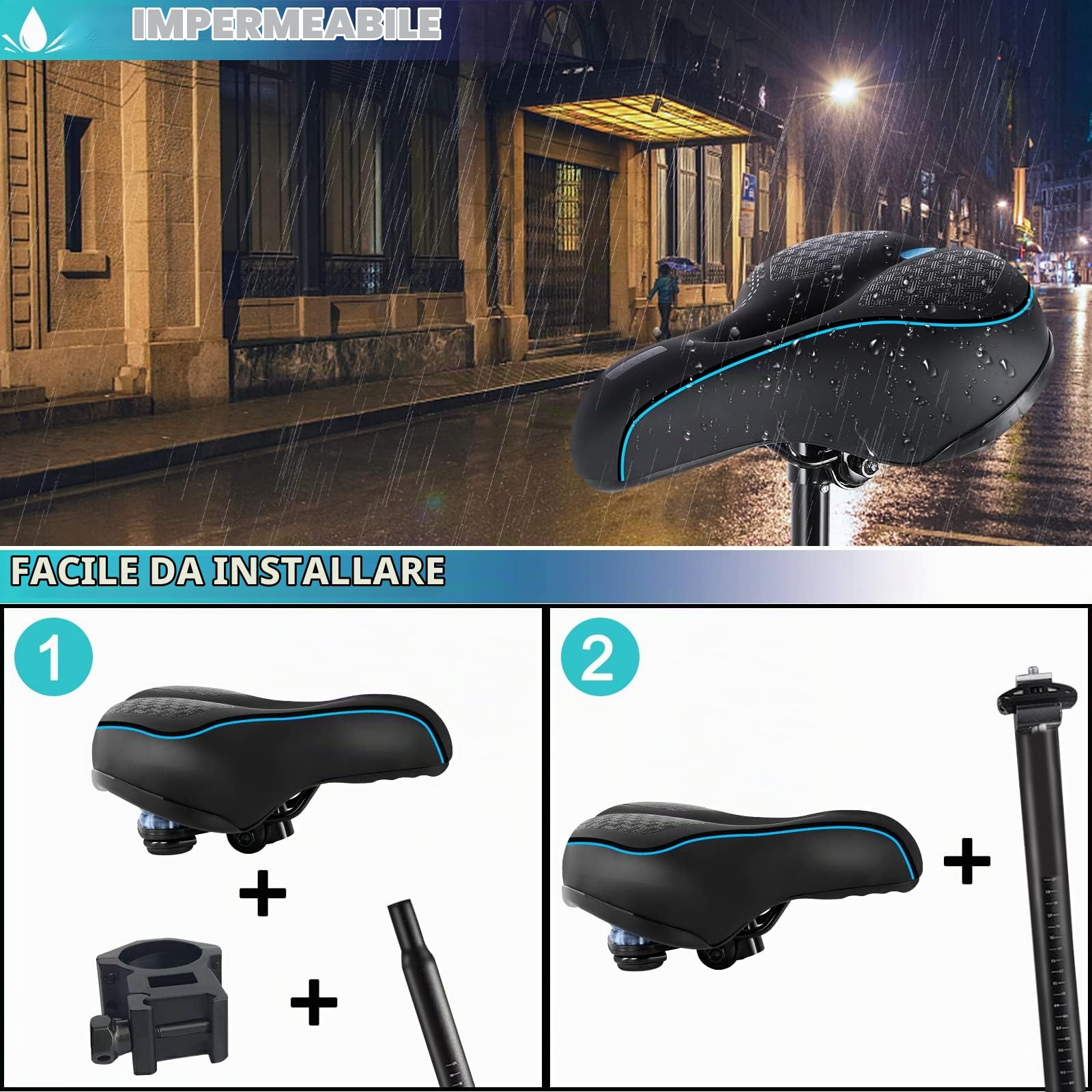 MLIAIMCE Sella per bicicletta oversize in memory foam di rimbalzo, confortevole, impermeabile, traspirante, cavo, ergonomico, sella, bici da strada, mountain bike, sella per uomo, donna, bambino, 11 x