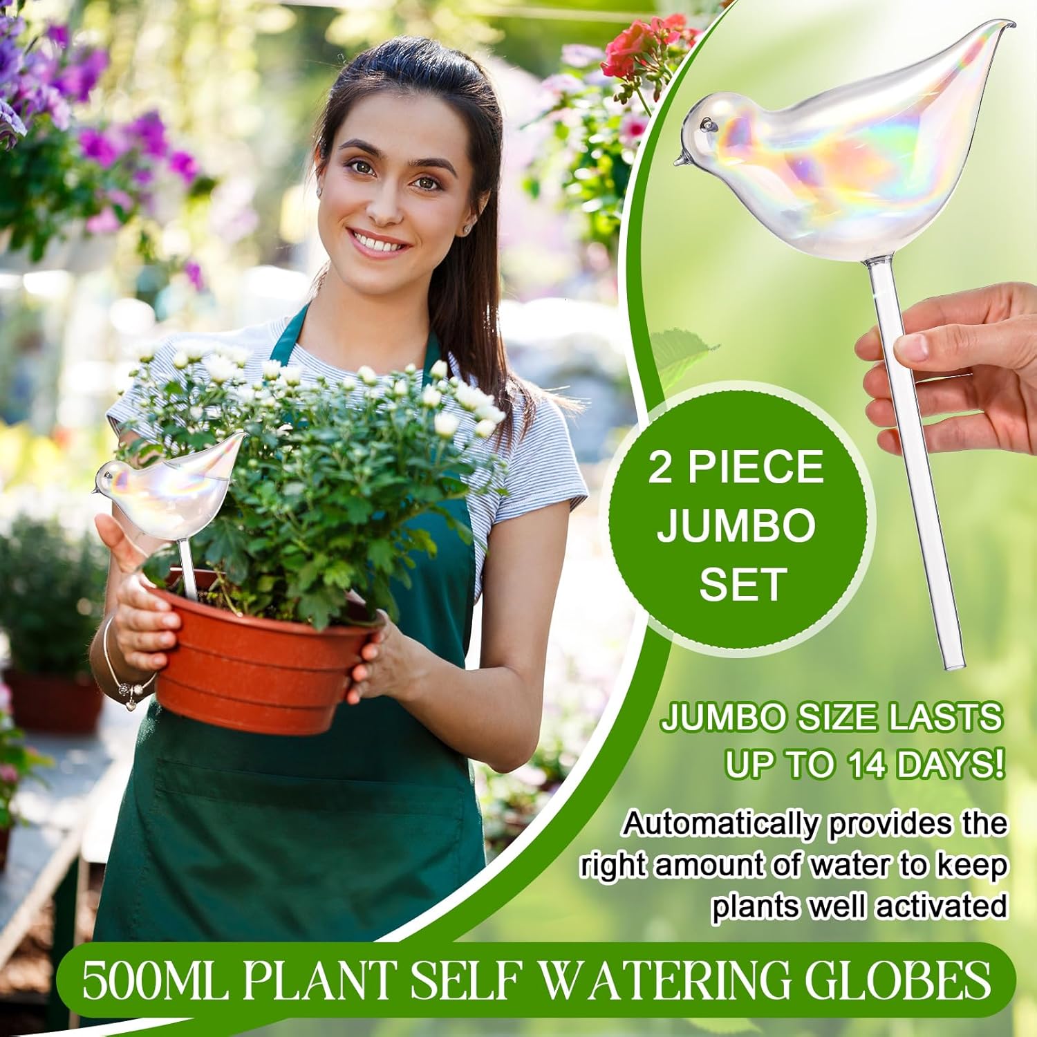 Qinyoung 2 Pack 17oz Bird Shaped Plant Watering Globes Large Clear Glass Self Watering Globes Planter Insert Spikes Drip Devices Rainbow Color Watering Bulbs Irrigation System Gifts for Plant Lover