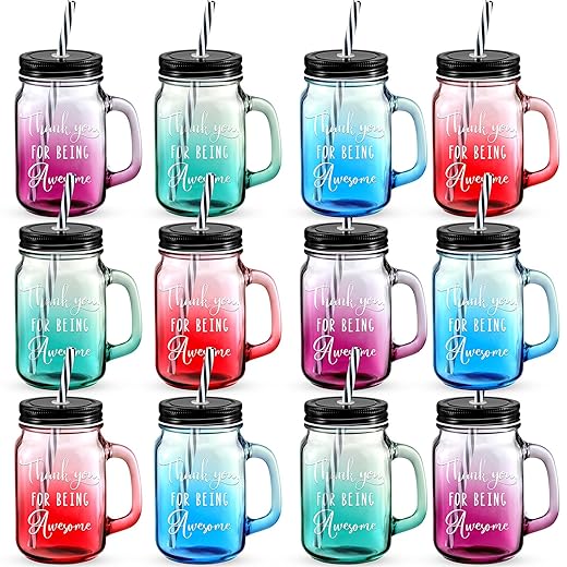 Zhehao 12 Set Employee Appreciation Thank You Gifts for Coworker Staff 16 oz Mason Jar Glass Cup with Handles Lids and Straws for Thanksgiving Christmas Bosses Day Gift (Multicolor,Being Awesome)
