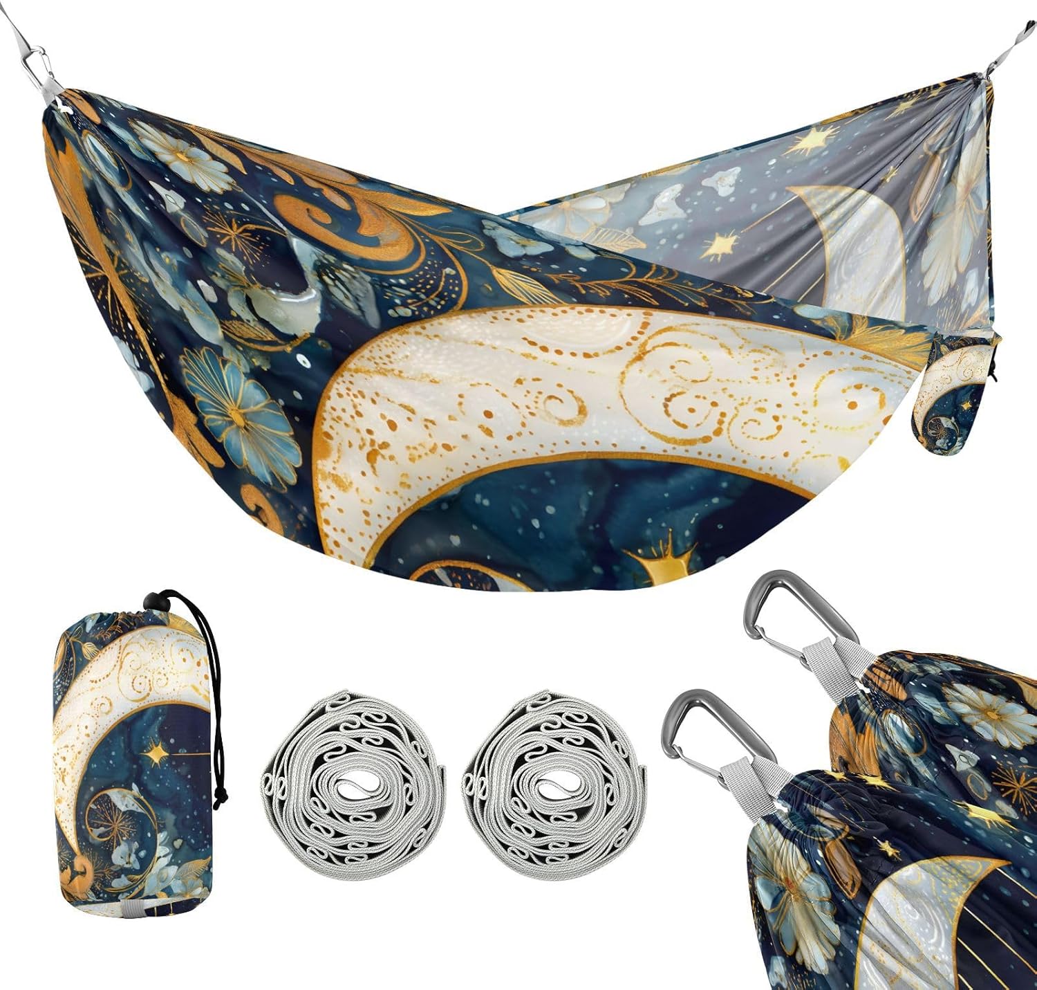 ALAZA Moon Star Witchy Art Camping Hammocks Single or 2 Person 500 lbs Portable Parachute Travel Hammock w/Tree Straps for Hiking Backpacking Indoor Outdoor