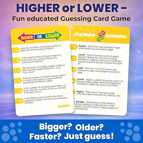 Vista 2 de QUOKKA Juegos de Mesa de Trivia para Niños y Adultos - Versión V2.0 - Juego de Mesa para Noche Familiar 4xSet Tarjetas de Trivia ¿Más Alto o Más