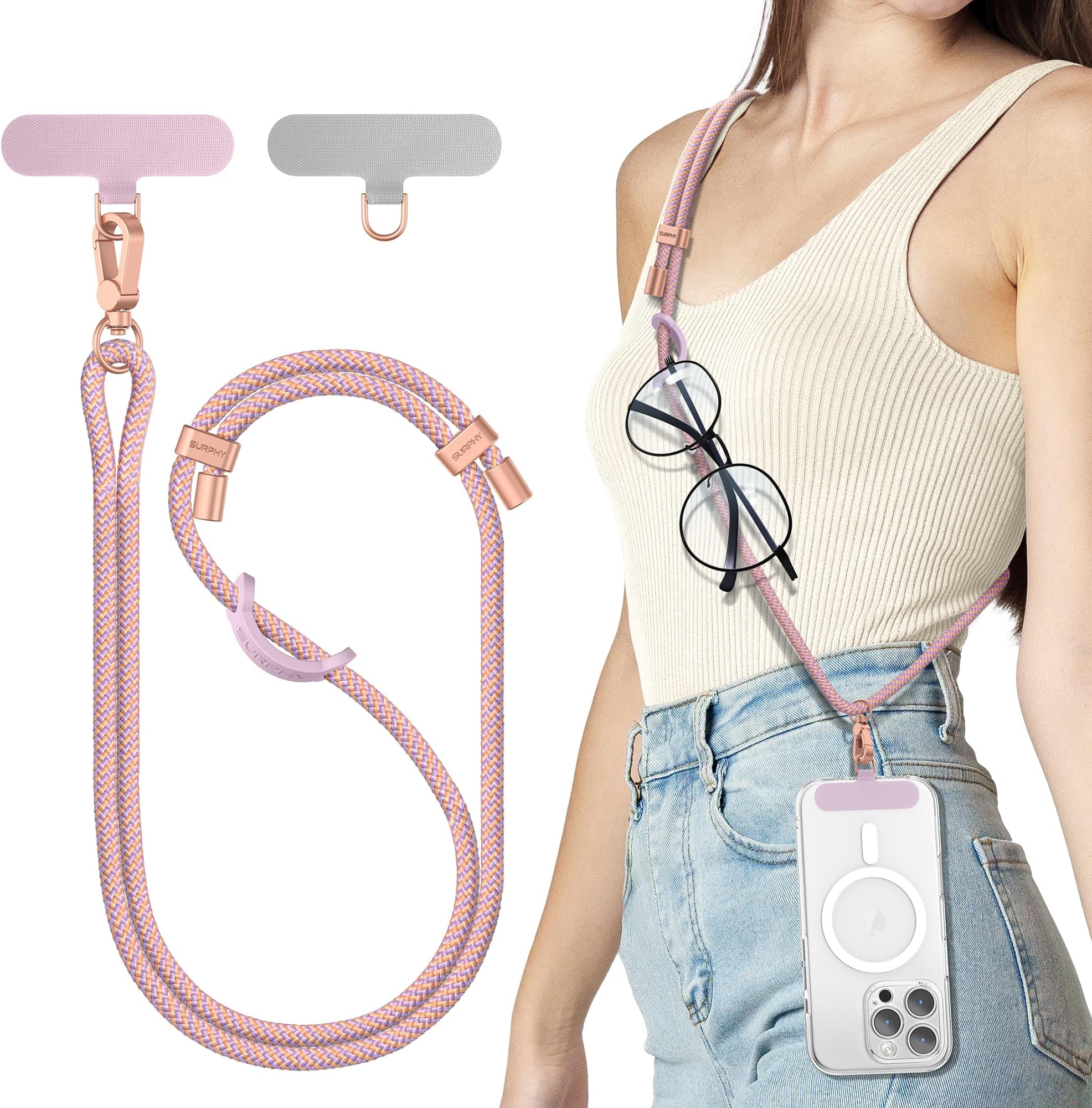 SURPHY Phone Lanyard with Patch, Adjustable Crossbody Phone Strap, Neck Phone Holder Compatible with Most Phones, Key Lanyard and more (Pink & Purple)