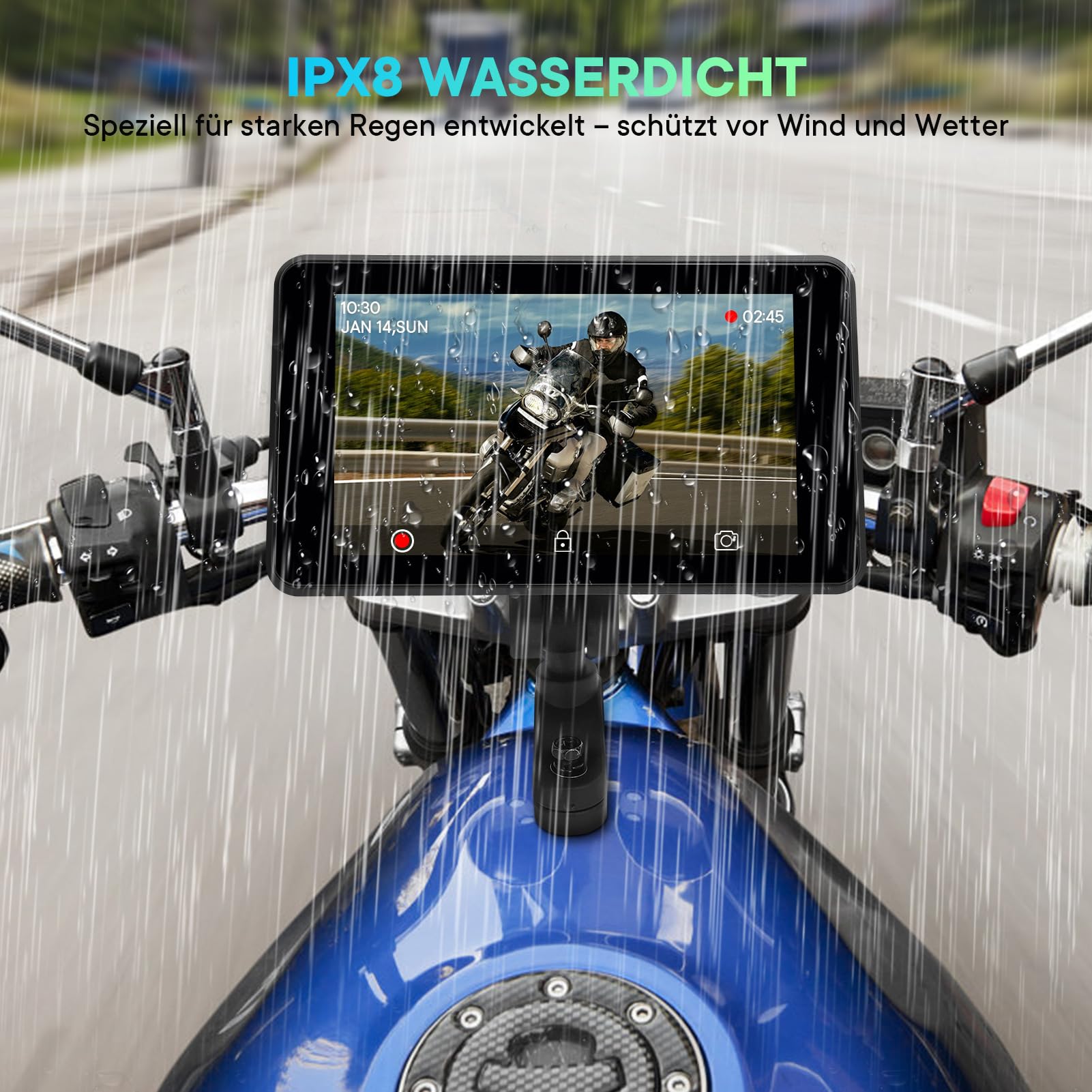 5" Motorrad CarPlay Navi mit Dashcam, Motorrad-Display IPX8 Wasserdichtes, Wireless CarPlay & Android Auto, 2K Kamera, Dual-Bluetooth, Touchscreen, 9V–24V Spannung,TF-Kartenunterstützung