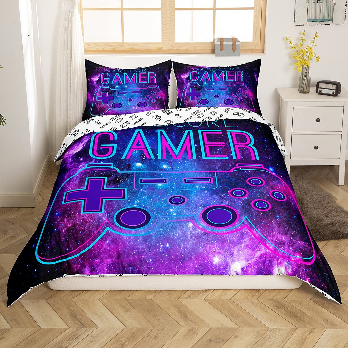 Gaming Bettwäsche-Set Für Teenager – Gamepad & Geometrisches Design, 155x220 Cm, Aus Polyester-Mikrofaser – Blau/Schwarz