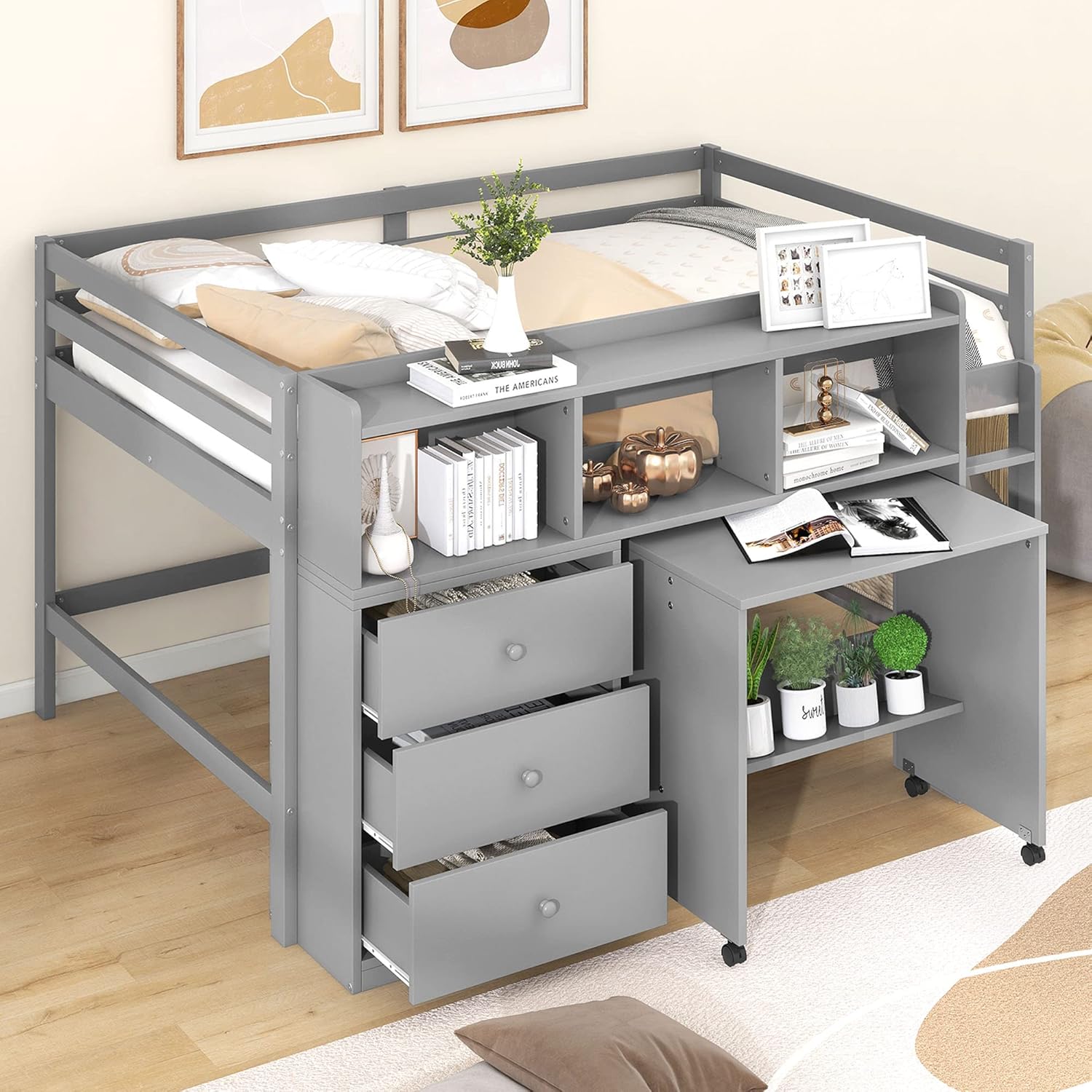 Bellemave Full Size Loft Bed with Rolling Portable Desk