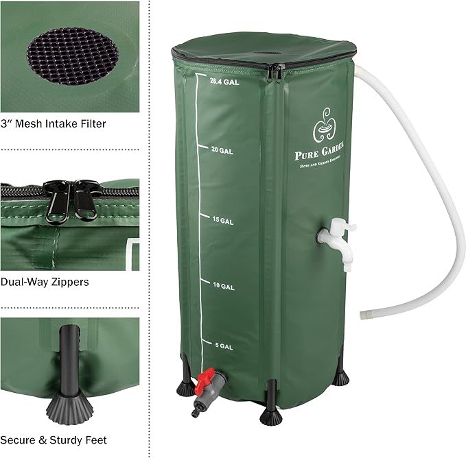 The Pure Garden 50-LG1409 26.4Gal/100L Collapsible Rain Barrel is a convenient and eco-friendly way to collect and store rainwater for gardening and other outdoor purposes. This rain barrel has a capacity of 26.4 gallons or 100 liters, providing plenty of water storage for plants and landscaping. The collapsible design makes it easy to set up and take down, perfect for seasonal use or limited space.