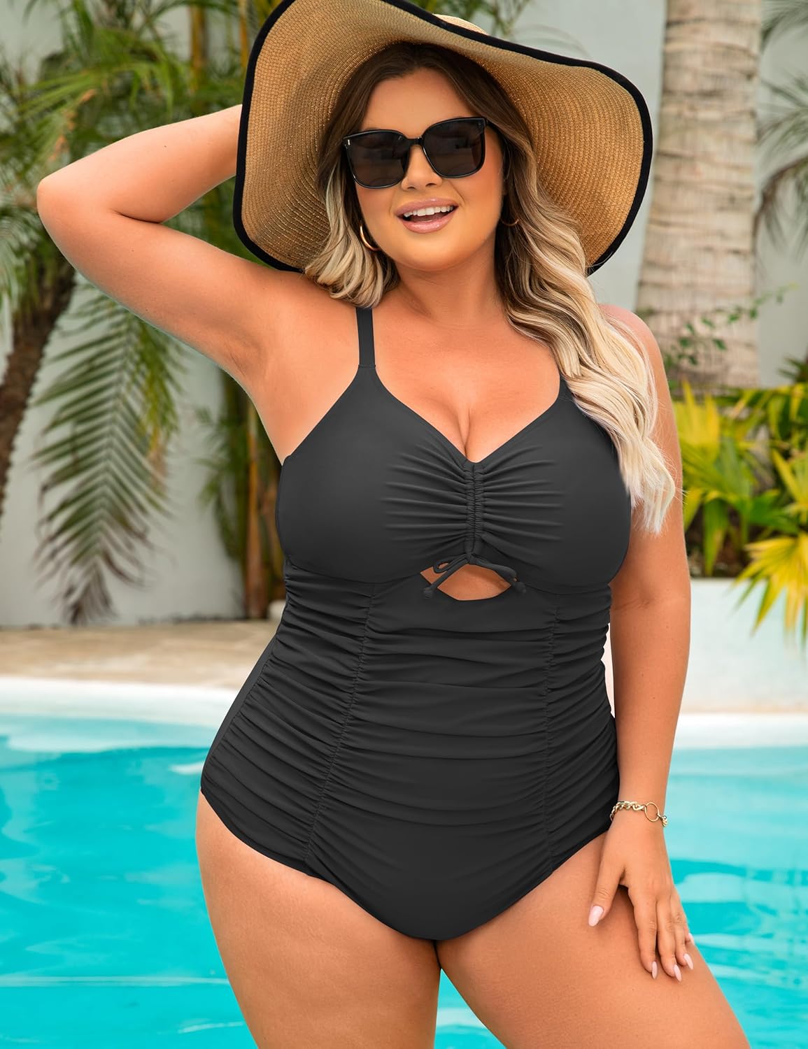 Women's Plus Size One Piece Swimsuits Tummy Control Cutout Swim Romper Bathing Suit V Neck Bow Ties Swimwear XL - Image 2