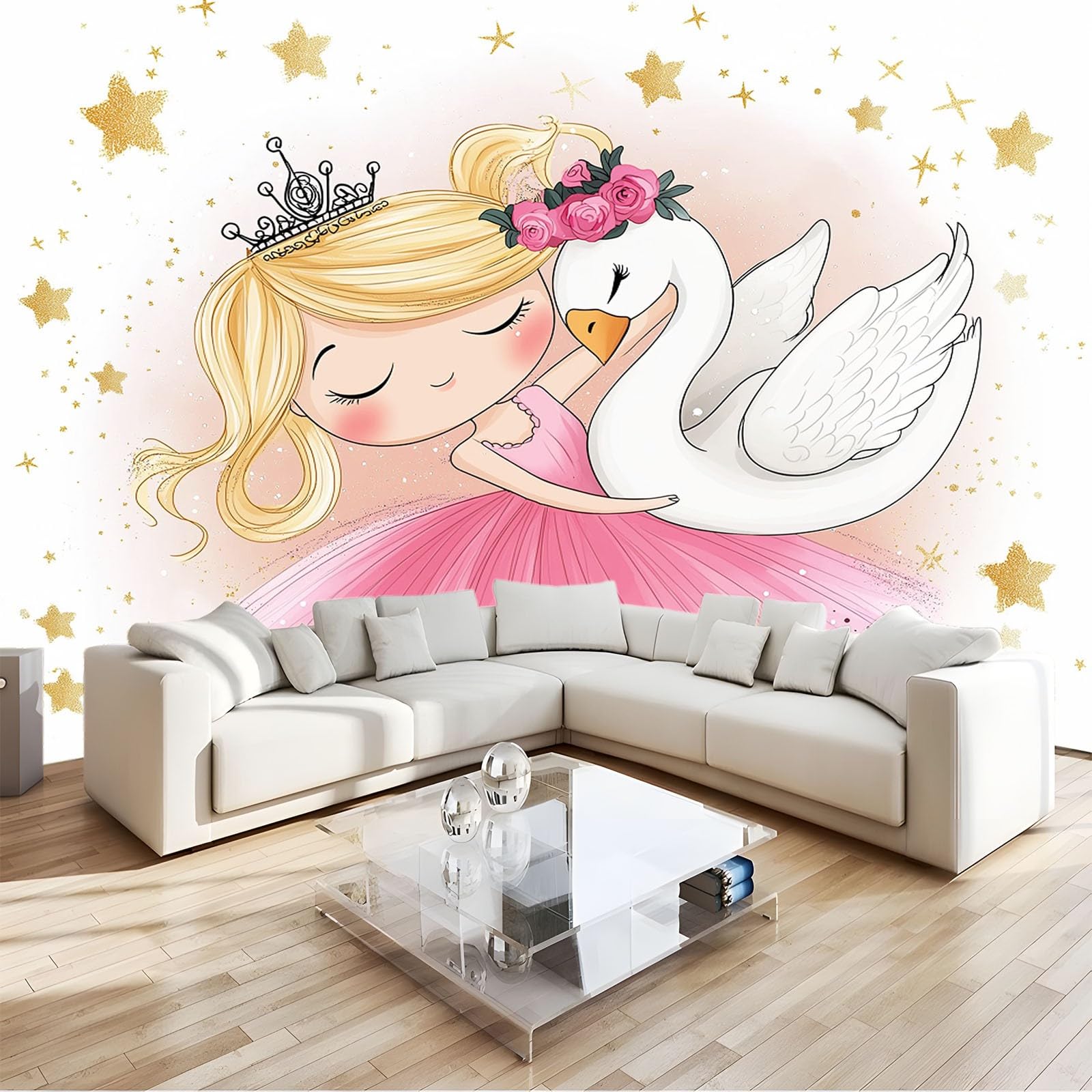 Papier Peint Intissé 3D Cygne Fille Pêche Muraux 300x210 cm