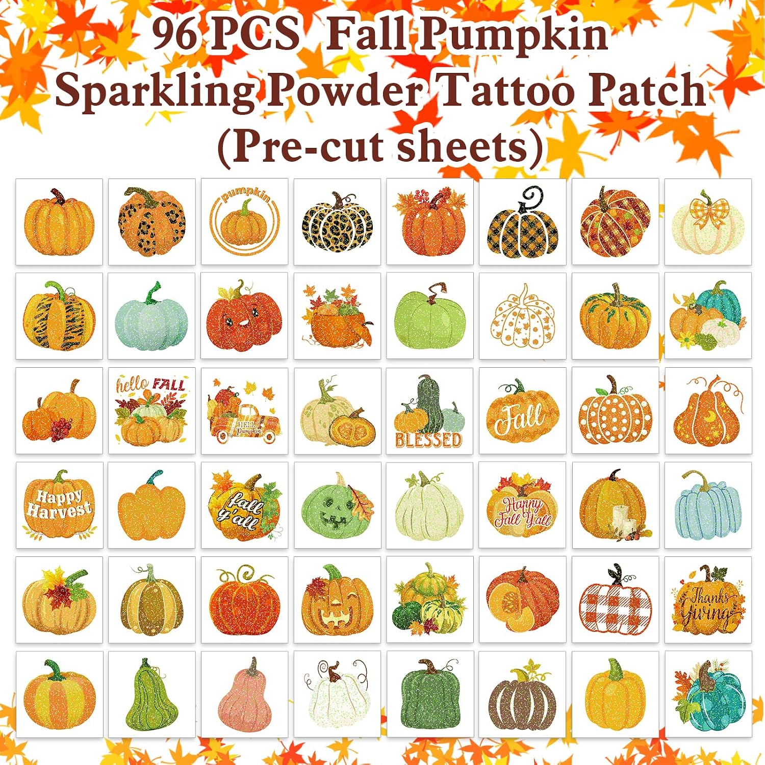 HOWAF 96pcs Glitter Fall Pumpkin Temporary Tattoos Autumn Harvest Tattoos Stickers for Girls Boys Decor, Glittery Thanksgiving Pumpkin Fake Tattoo Pumpkins Face Tattoo for Fall Gift Bags Fillers