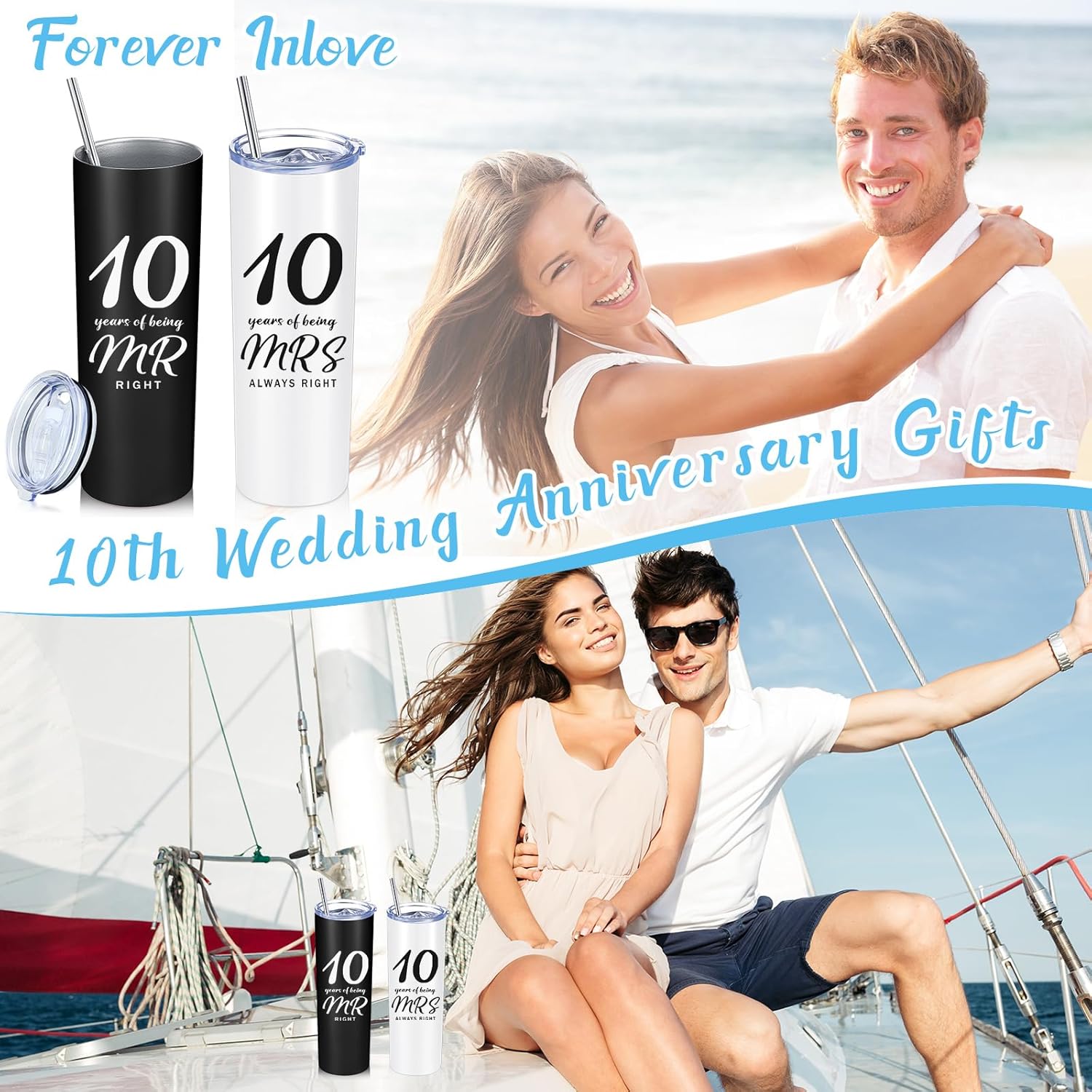 Cunhill 2 Pcs Mr. Right Mrs. Always Right Travel Tumbler Set 20 oz Wedding Engagement Anniversary Travel Mug for Husband Wife Newlywed Couples Bride Groom Anniversary(10th Straight) - Image 6