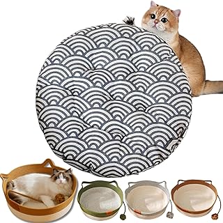 Stimulicat - Cama para gatos, cesta tejida a mano StimuliCat, cestas de juguete para gatos de interior, nido redondo de cuerda de algodón con bola de burla integrada, plegable para rascar (cojines A