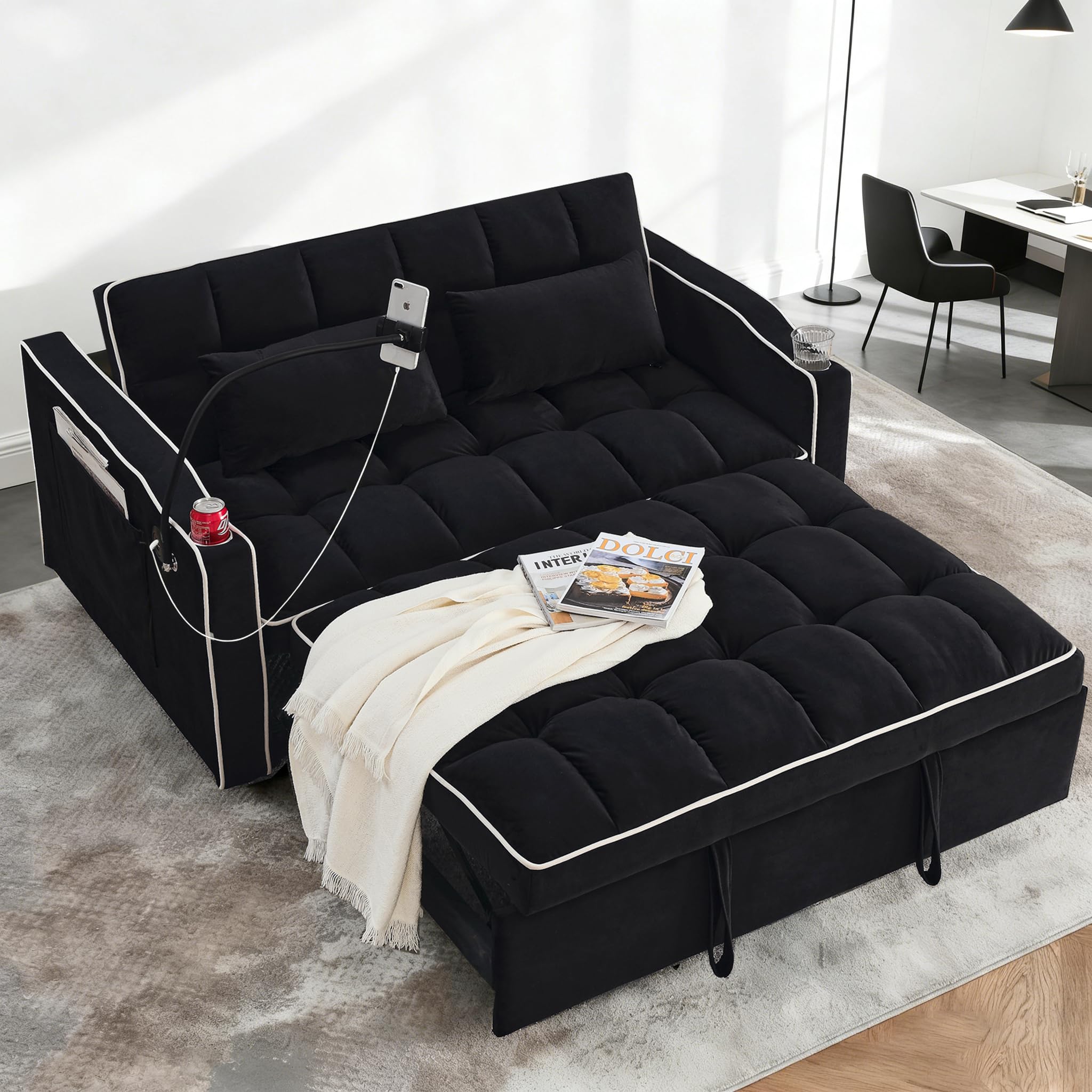 Dreamzie 3 in 1 Convertible Sleeper Sofa Bed, 55.5‘’ Pull Out Couch for Living Room with Swivel Phone Stand, Loveseat Sleeper Couch with Adjustable