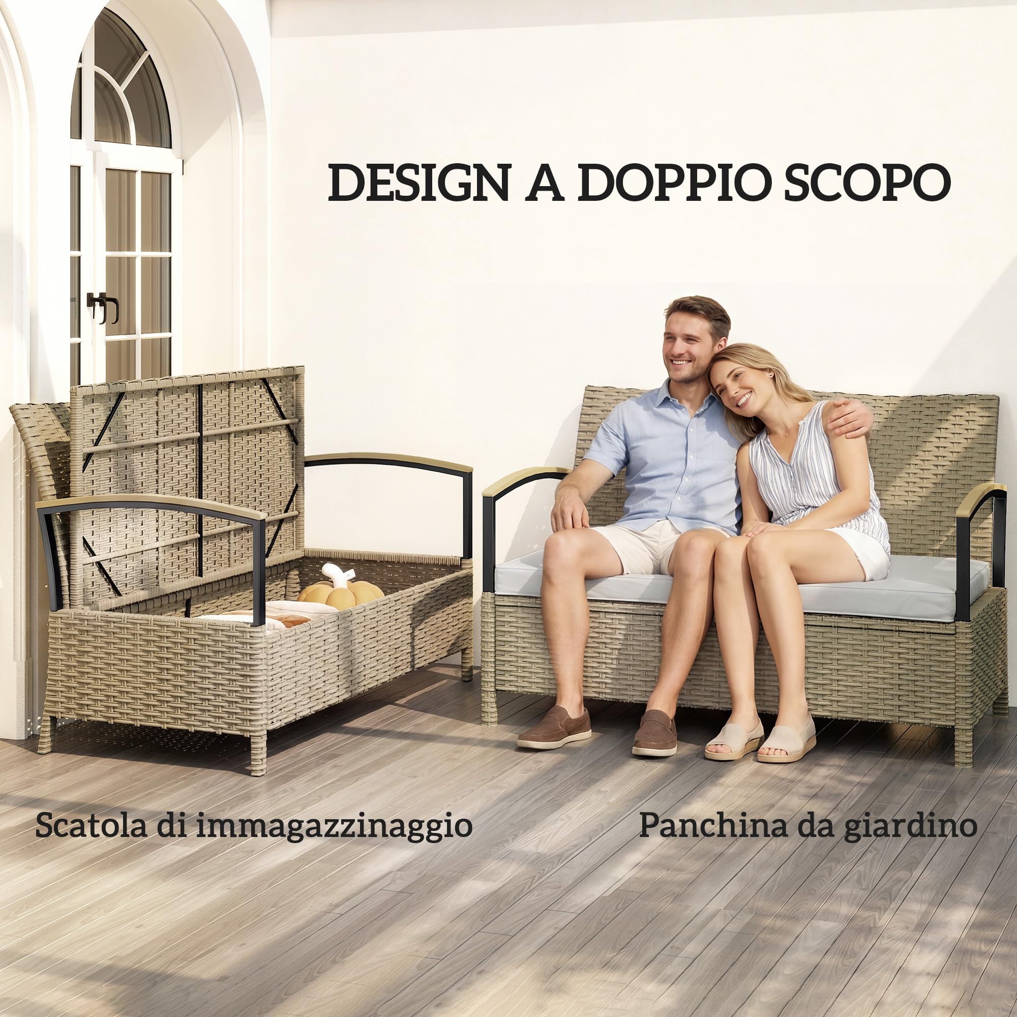 Outsunny Baule da Esterno, Panca Contenitore da Giardino 125L, Divanetto 2 Posti in Rattan PE con Cuscino Imbottito, Struttura in Metallo per Patio, Giardino e Balcone, Cachi