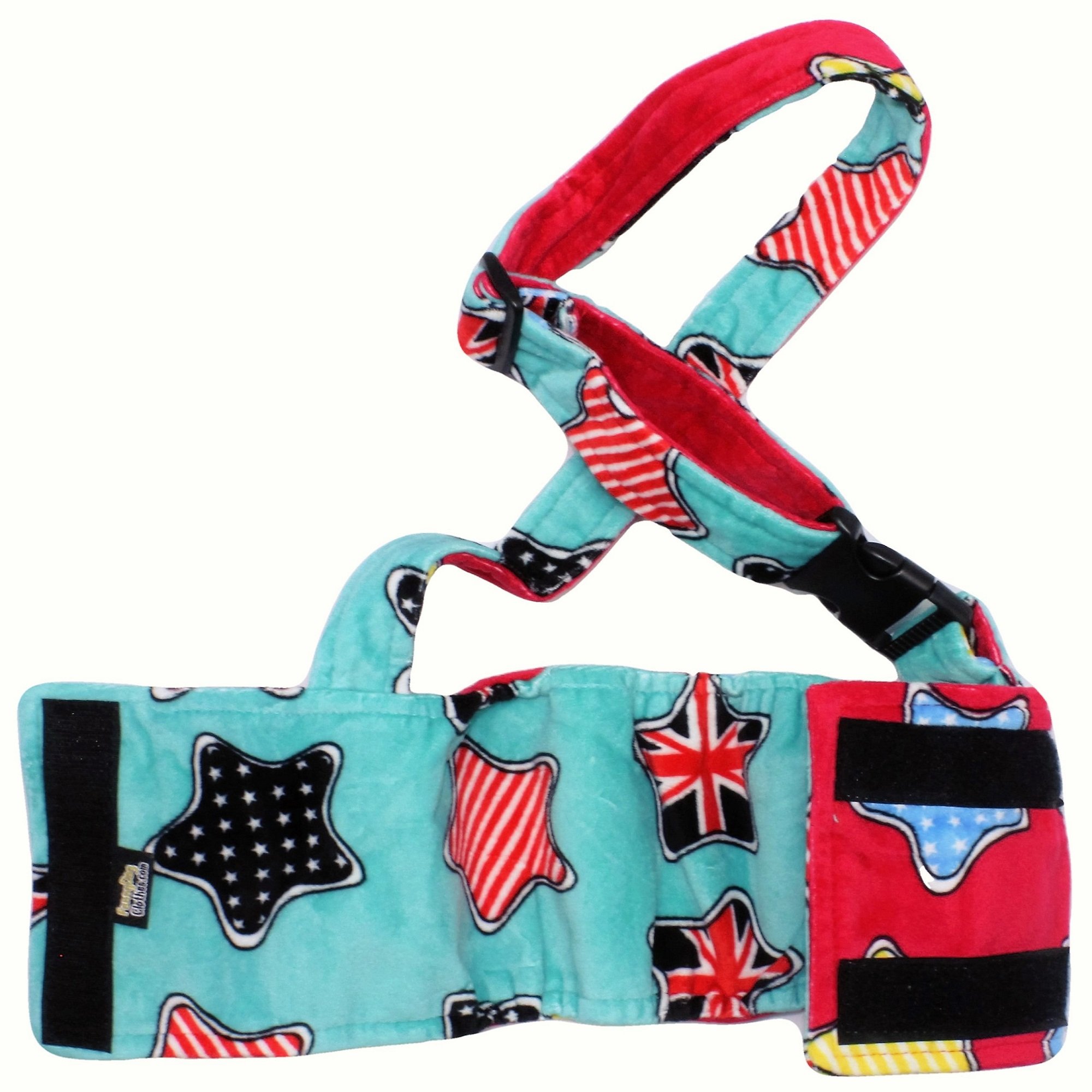 Hundewindel für männliche Jungen, Bauchband, wiederverwendbar, waschbar, mit Hosenträgern, weiches Fleece (Sternrot/grün, wendbar, Größe S: Taille 25,4 cm – 33 cm)