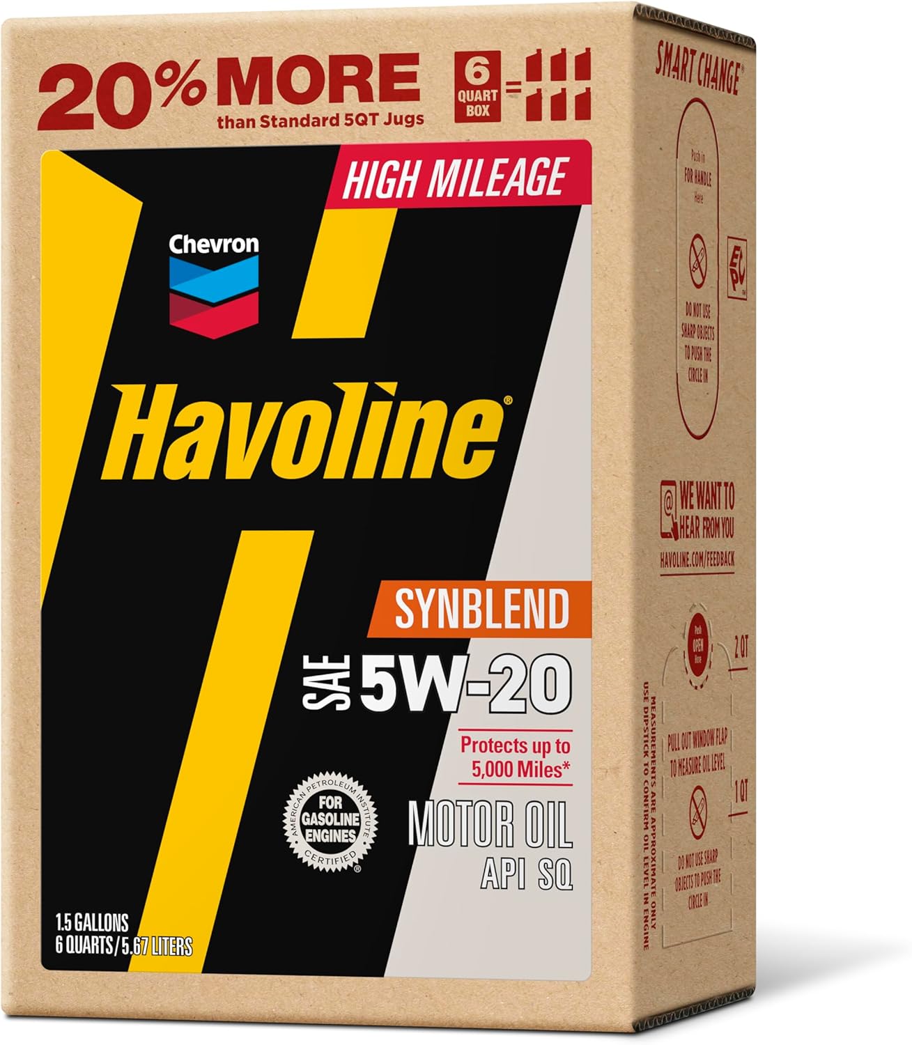Havoline Motor Oil 5w20 High Mileage Synthetic Technology Smart Change Engine Oil, 5W-20, 6 Quarts, Pack of 1 - Image 3
