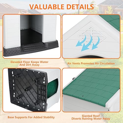 Vista 15 de Casa de plástico resistente al agua para perros pequeños a grandes, refugio interior para cachorros con rejillas de ventilación y piso elevado, Azul