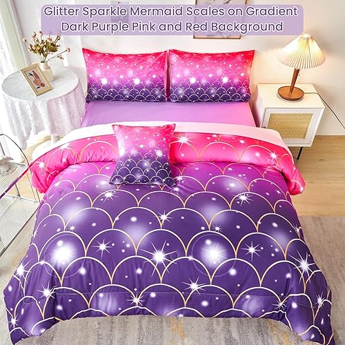 Miniatura 3 de URBONUR - Juego de edredón de tamaño completo rosa y morado para niñas, 6 piezas, ropa de cama de sirena con brillo en una bolsa para niños con