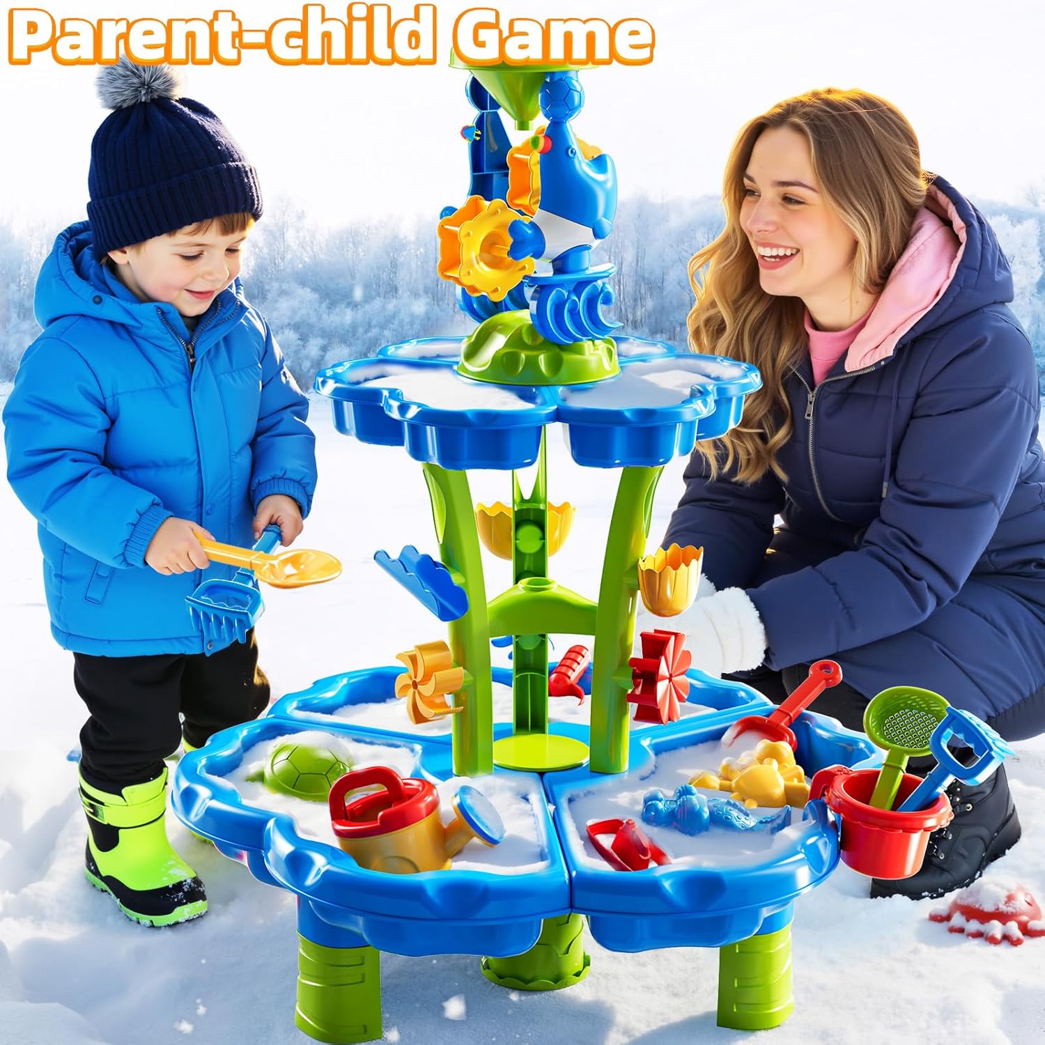 2-Tier Sand and Water Table Toys for Kids Aged 3 4 5 6 7 8, Water Waterfall Sensory Play Table with Beach Toys Accessories, Outdoor Activity Playset for Toddlers 2-4 3-5 4-6, Birthday Gifts