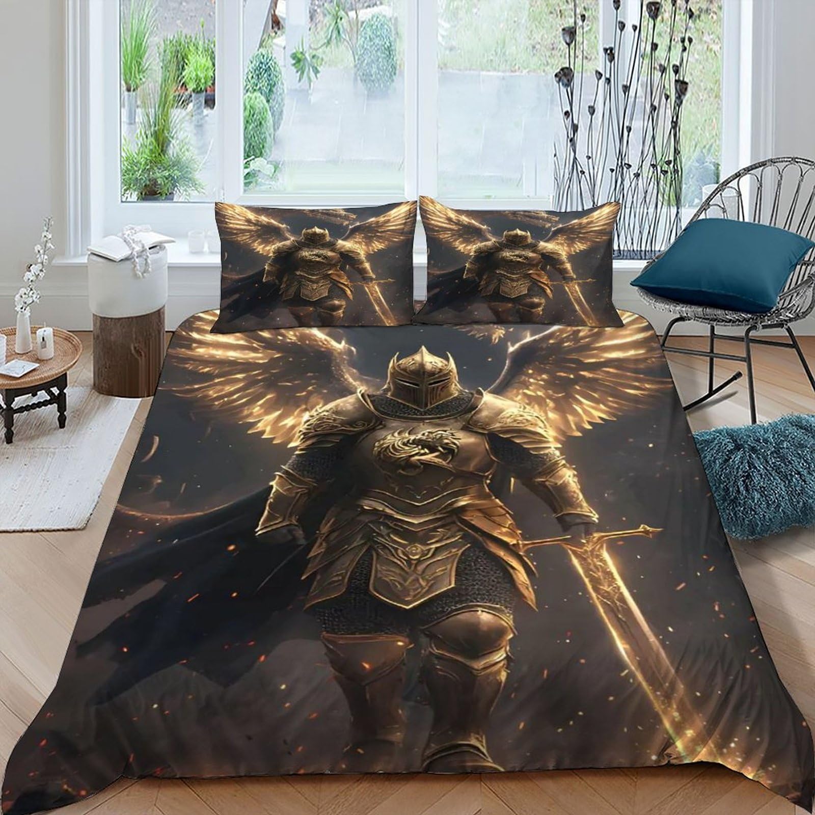 Knight Dragon Bedding Set 3D Digital Printing Gothic Themes Duvet Cover Set Microfiber Comforter Cover Universal for All Seasons Pillowcase King（220x240cm）