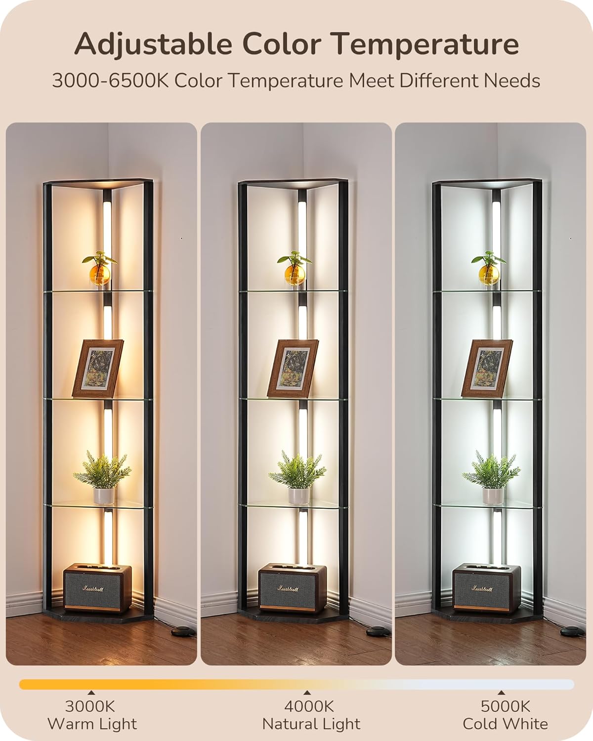 EDISHINE Floor Lamp with Shelves, 5-Tier Glass Display Shelf with Remote/Foot Control, 5CCT & Dimmable Corner Shelf Lamp, Open Display Cabinet, Floor Lamps for Living Room, Bedroom, Black