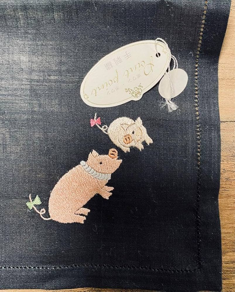 ブルーミング中西　手刺繍ポンポワン　ハンカチーフ3枚セット Amazon.co.jp: 色 ポワンポワン 手刺繍 ハンカチ 豚 黒