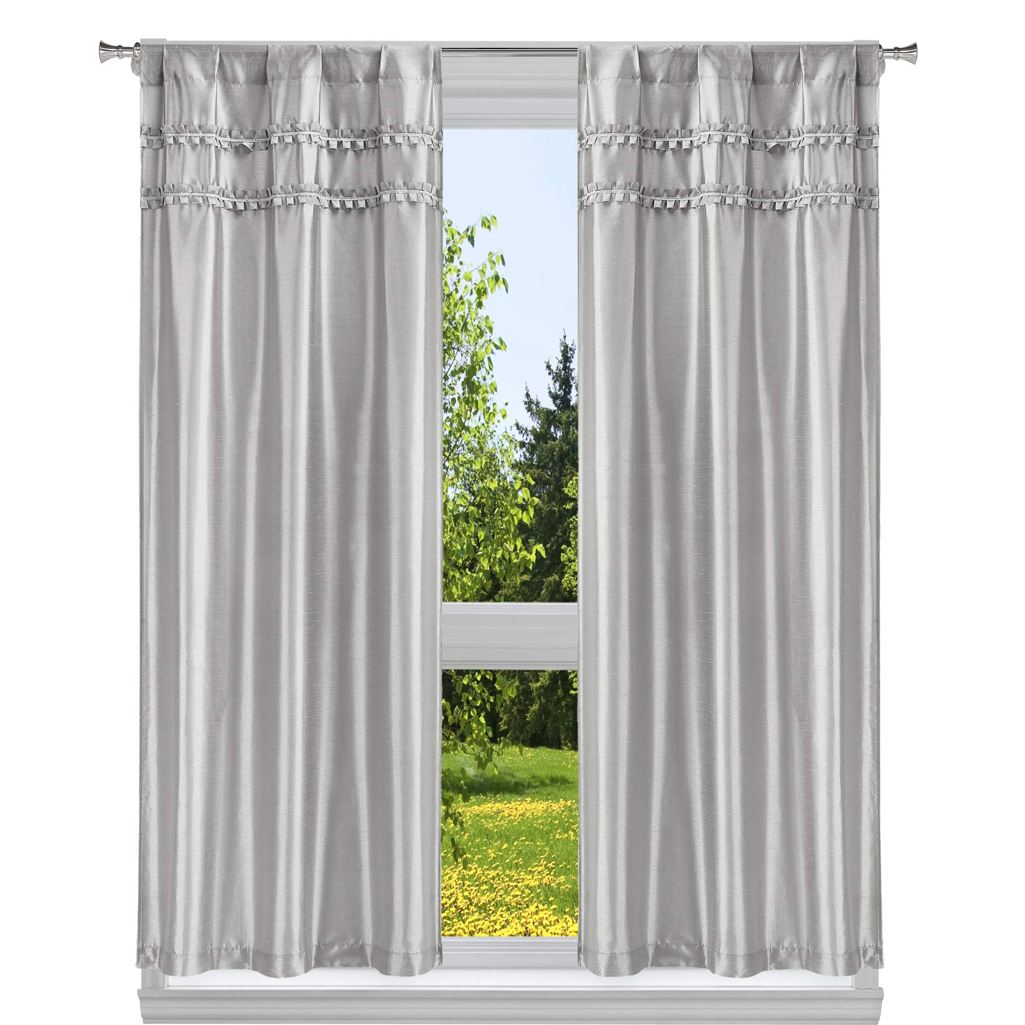 Duck River Textile Diamond Trim Faux Silk Curtain Set, Silver, 38x84