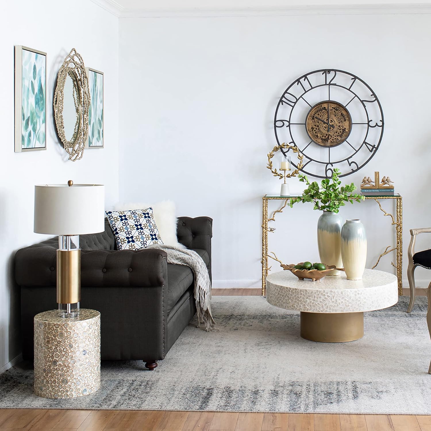 A&B Home Mother of Pearl End Table, Cream Round Capiz Stool, Live Edge Coffee Table, Living Room Plant Stand, 14" x 14" x 16"
